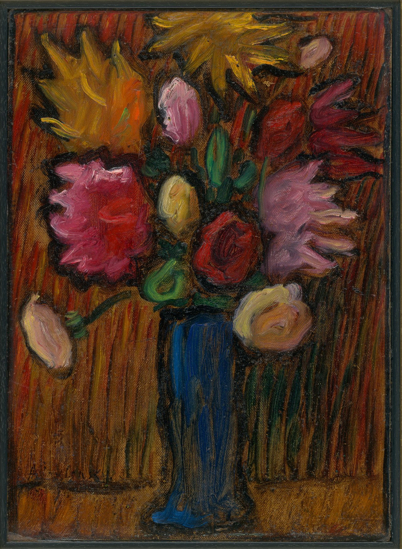 This picture shows the following artwork: Alexej von Jawlensky. ”Blumen in blauer Vase (Rosenstrauss)”. 1936.