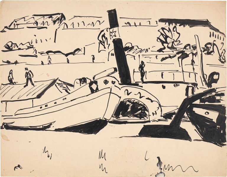 Auf diesem Bild ist das folgende Kunstwerk zu sehen: Ernst Ludwig Kirchner. Elbzillen und Schlepper. 1910.