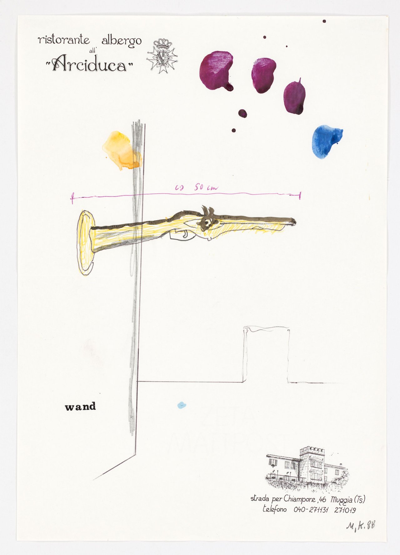 Auf diesem Bild ist das folgende Kunstwerk zu sehen: Martin Kippenberger. Ohne Titel (Kremslehner Hotels in Wien / Ristorante Albergo all'Arciduca, Trieste). 1988.