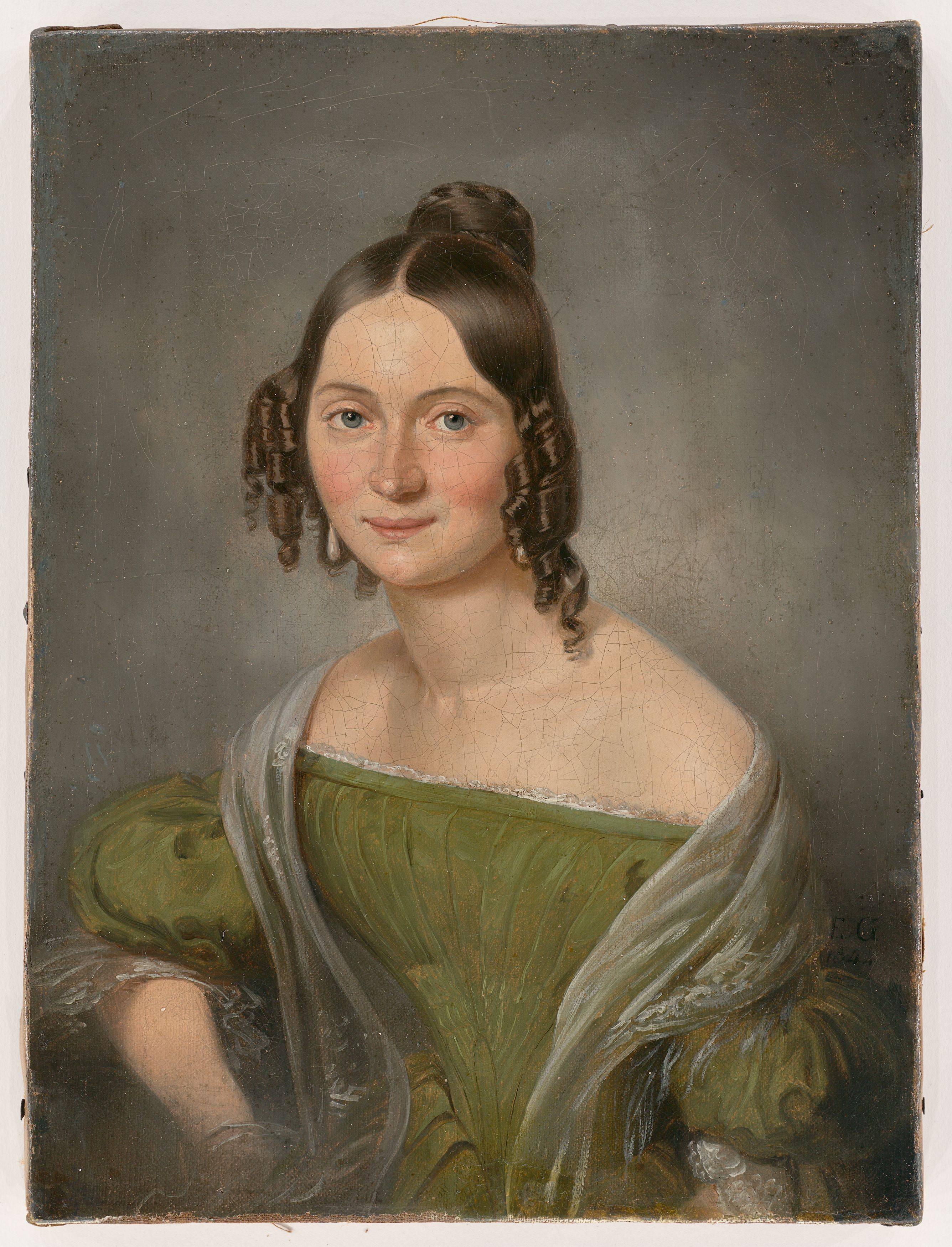 Auf diesem Bild ist das folgende Kunstwerk zu sehen: Eduard Gaertner. Porträt einer jungen Berlinerin. 1844.