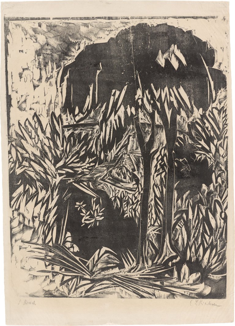 This picture shows the following artwork: Ernst Ludwig Kirchner. ”Bäume und Büsche am Strand, Fehmarn”. 1913.