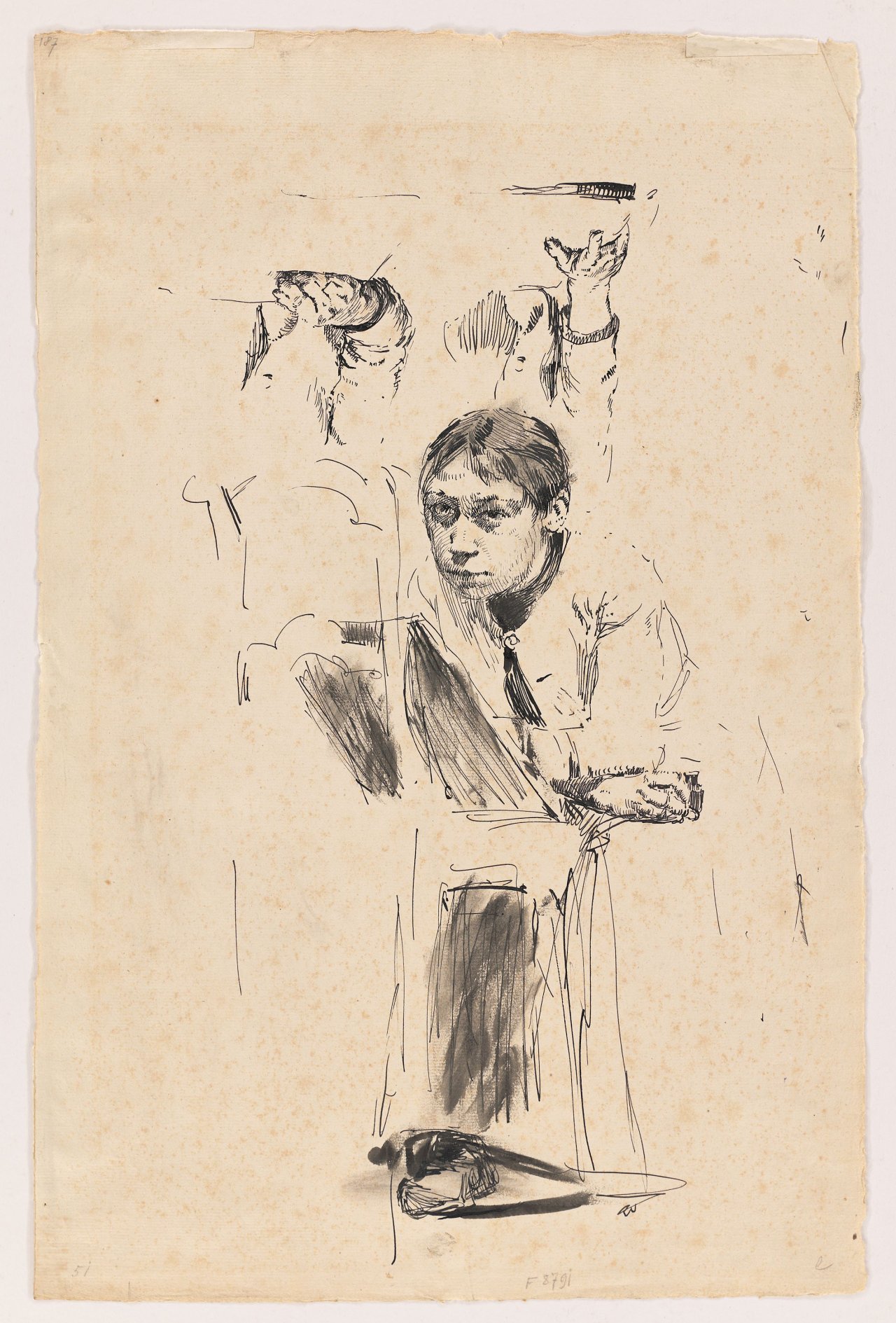 Auf diesem Bild ist das folgende Kunstwerk zu sehen: Käthe Kollwitz. „Selbstbildnis, vor einem Stuhl kniend“. Um 1891.