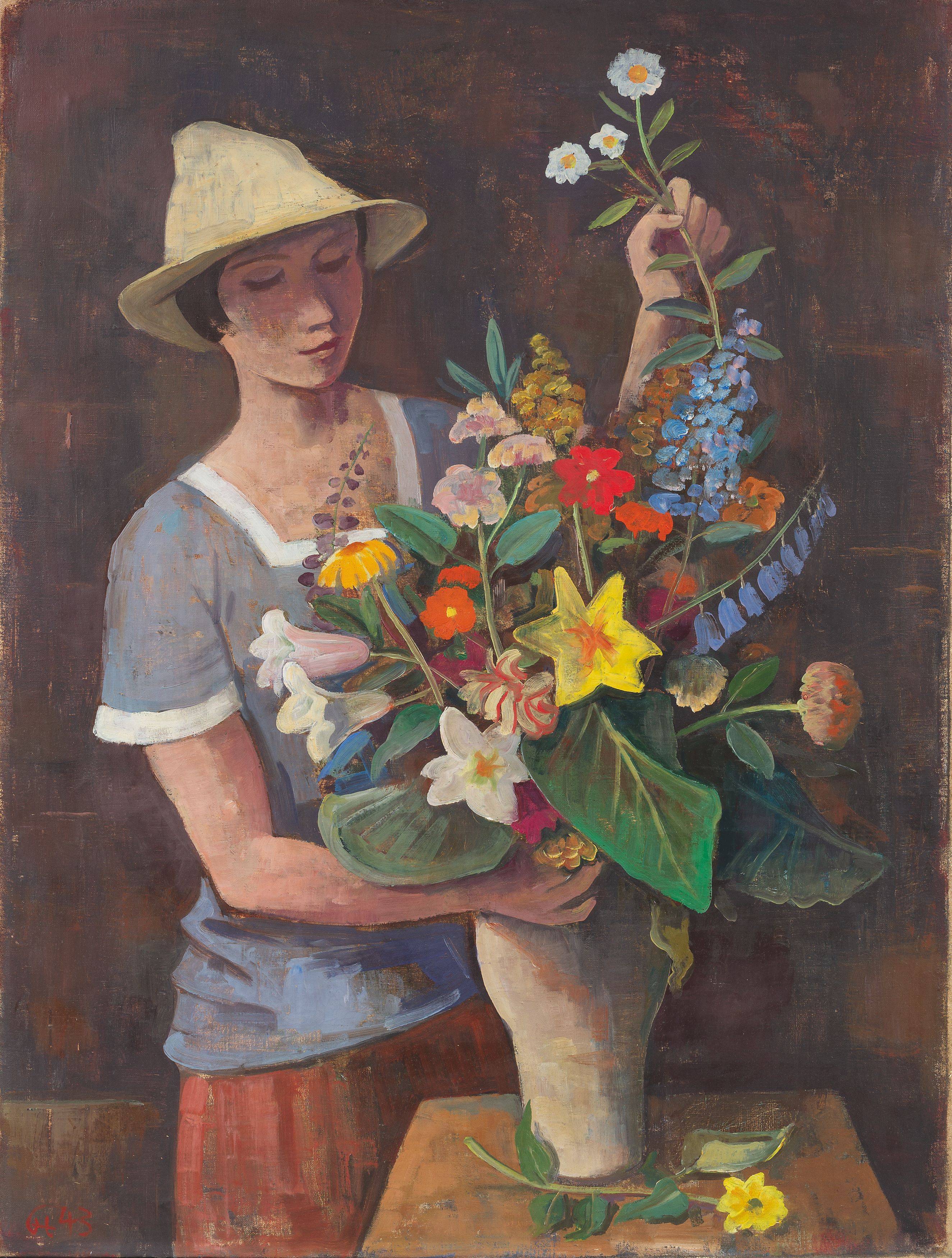 This picture shows the following artwork: Karl Hofer. ”Mädchen mit Blumenstrauß”. 1943.