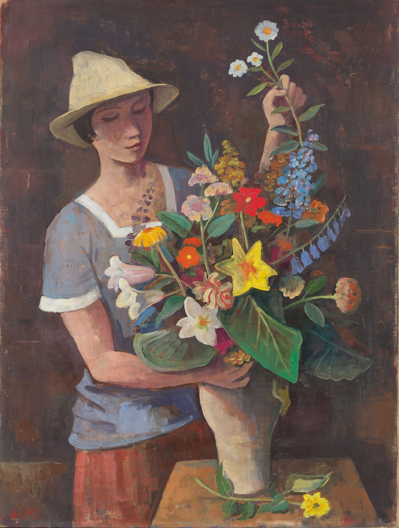 This picture shows the following artwork: Karl Hofer. ”Mädchen mit Blumenstrauß”. 1943.