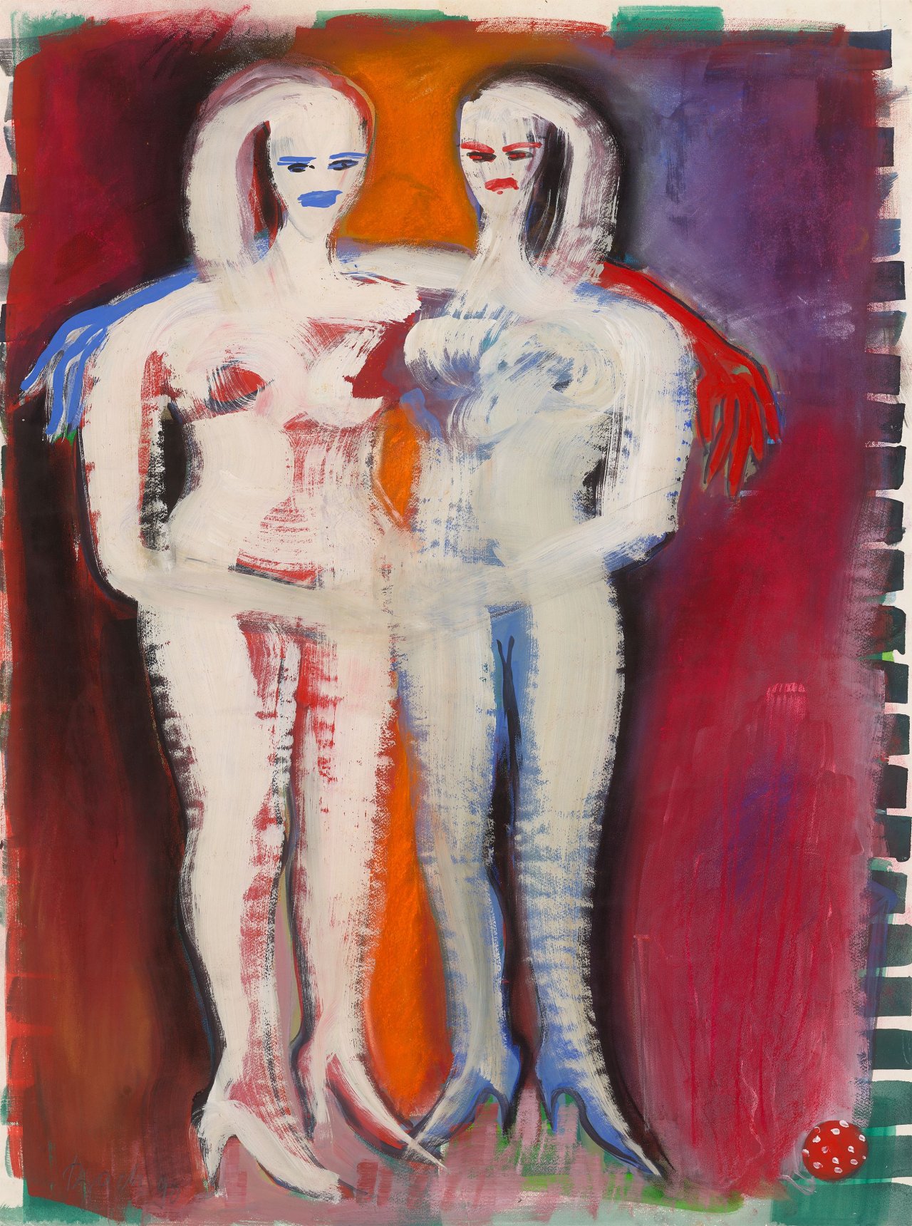 Auf diesem Bild ist das folgende Kunstwerk zu sehen: Elvira Bach. Zwei sich Umarmende. 1990.