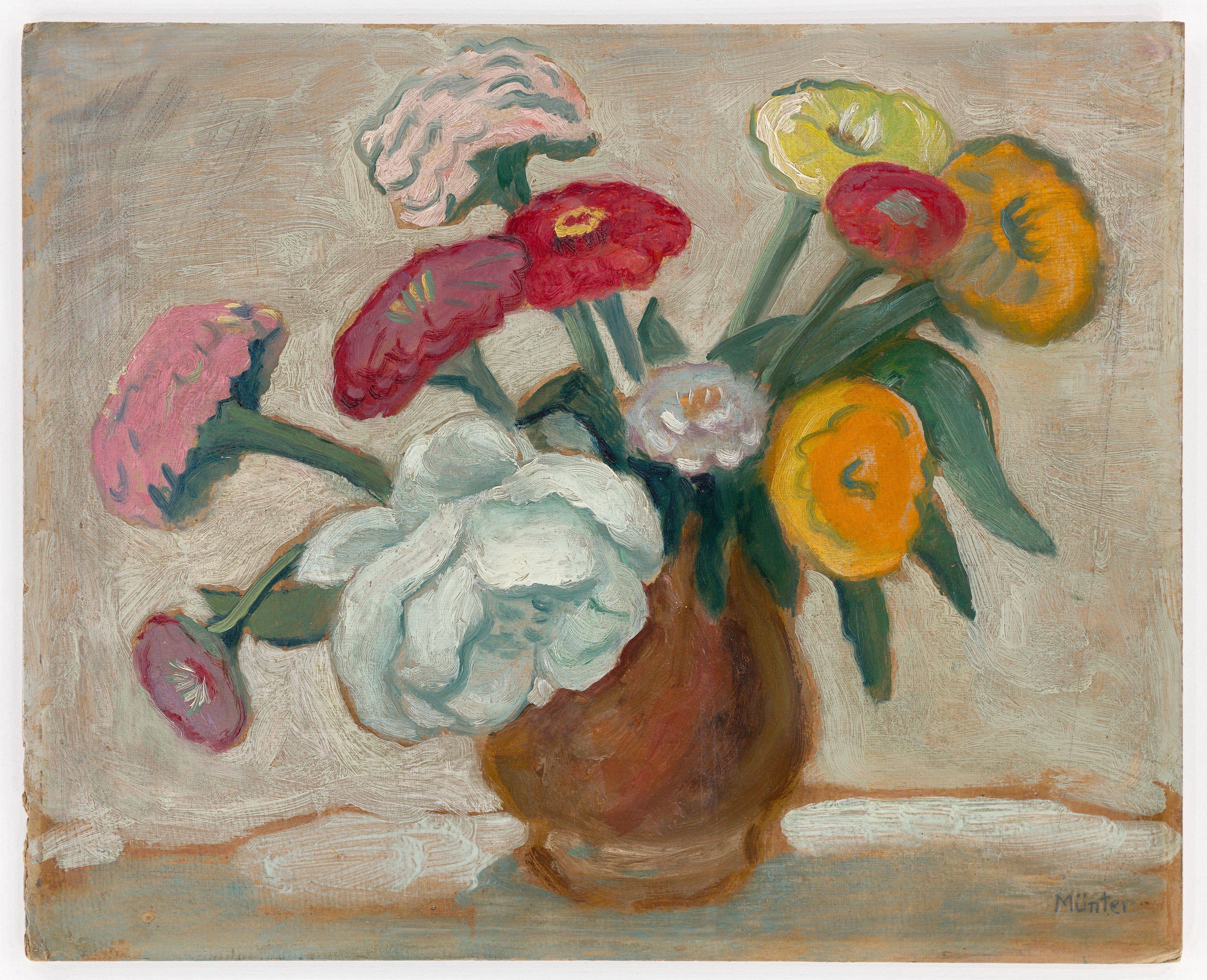This picture shows the following artwork: Gabriele Münter. ”Zinnien und weiße Rose”. 1935.
