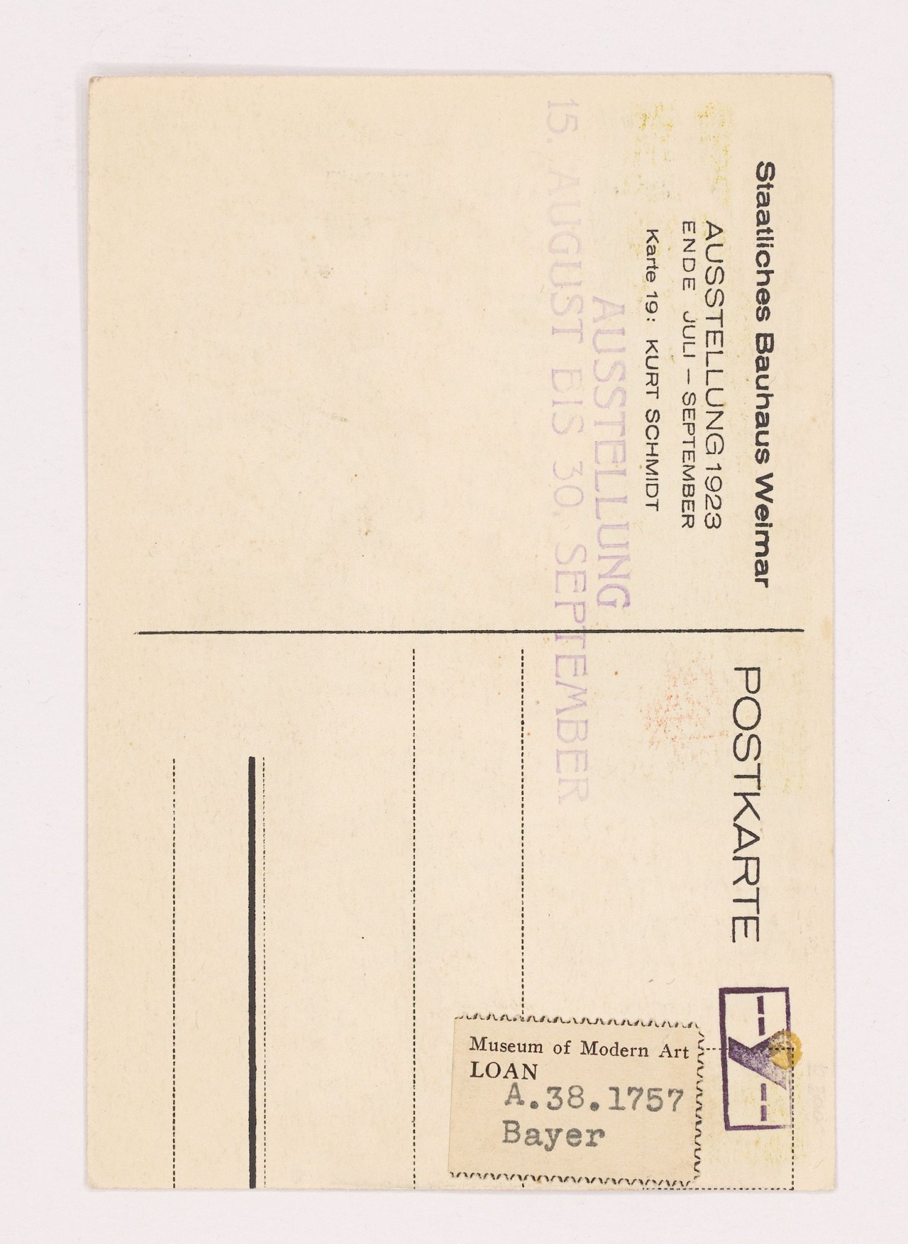 Auf diesem Bild ist das folgende Kunstwerk zu sehen: Kurt Schmidt. „Karte zur Bauhaus Ausstellung Weimar 1923“. 1923.