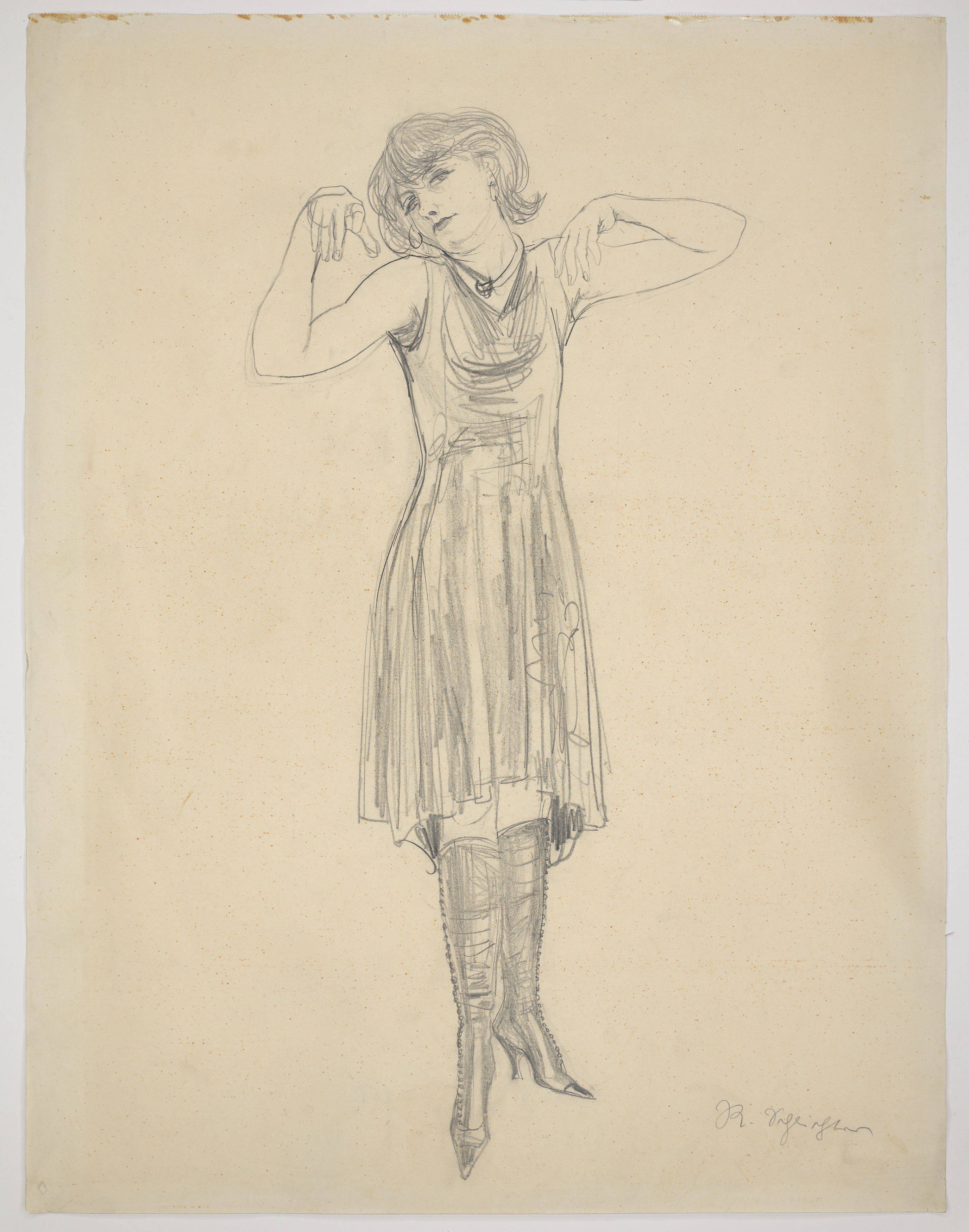 Auf diesem Bild ist das folgende Kunstwerk zu sehen: Rudolf Schlichter. Stehende in Knöpfstiefeln (Speedy). 1927/28.