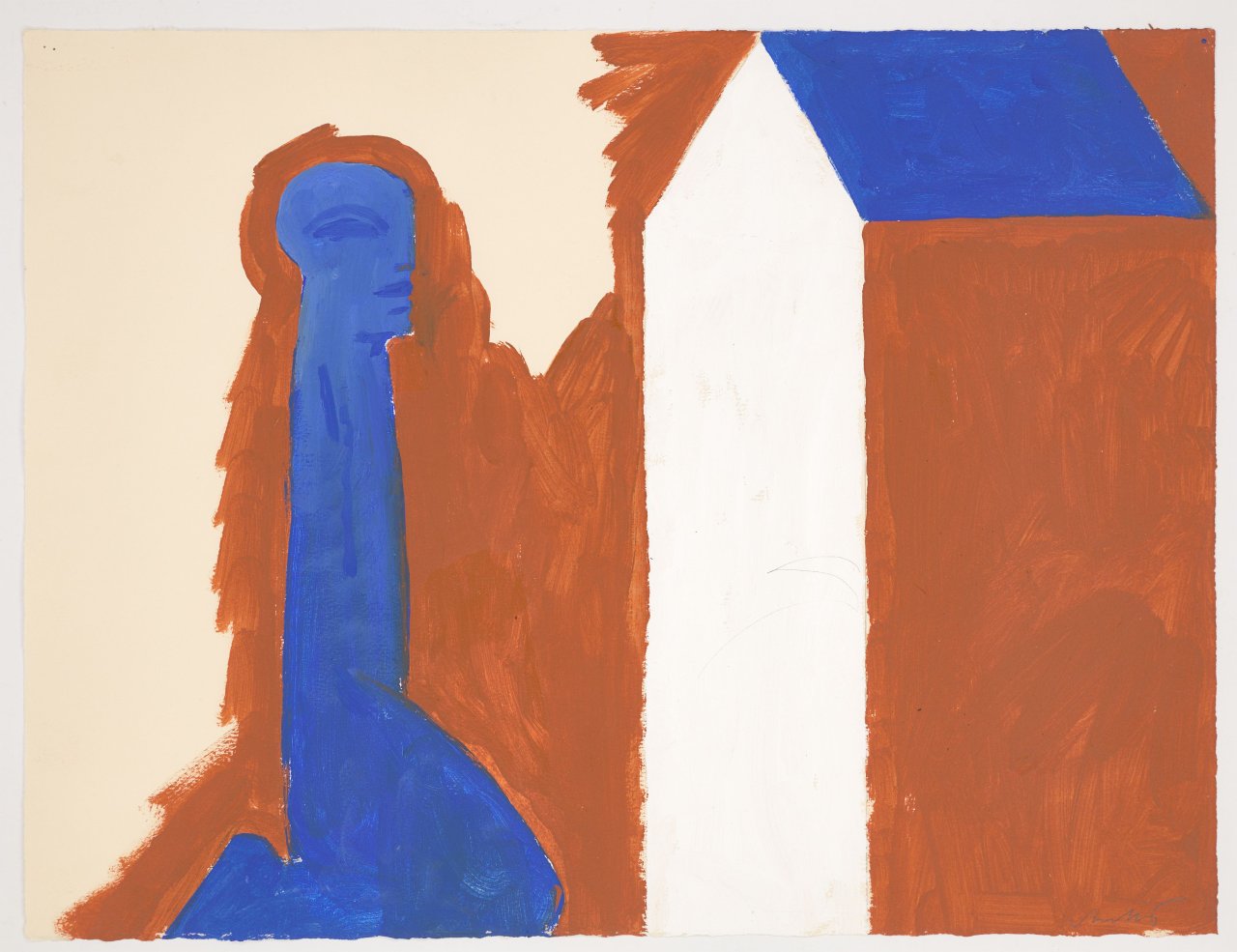 Auf diesem Bild ist das folgende Kunstwerk zu sehen: Horst Antes. Blaue, knieende Figur, Haus mit weißem Giebel. 1987.