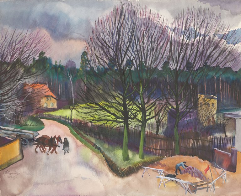 Auf diesem Bild ist das folgende Kunstwerk zu sehen: Conrad Felixmüller. „Klotzsche bei Dresden, Waldausfahrt“. 1931.