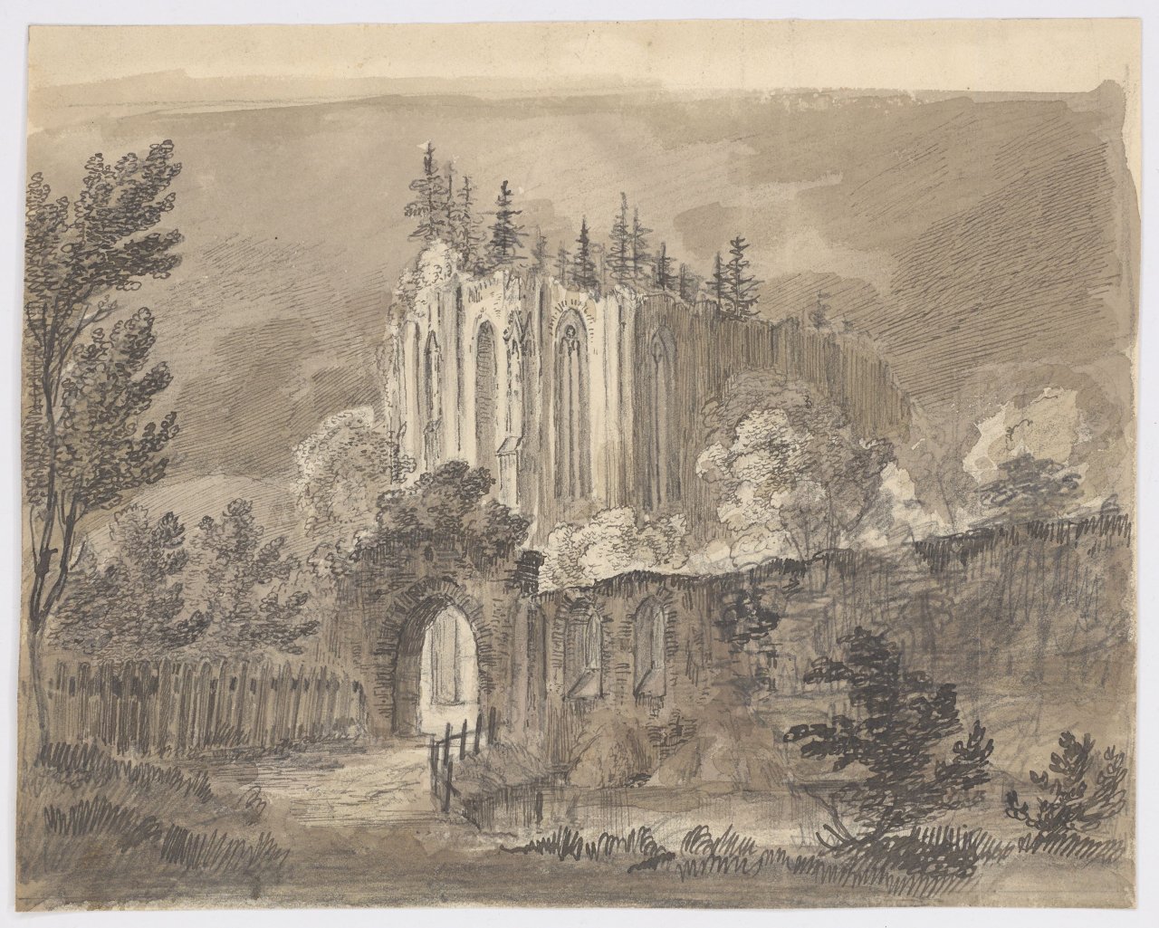 Auf diesem Bild ist das folgende Kunstwerk zu sehen: Carl Blechen. „Gotische Kirchenruine im Walde“. 1820er-Jahre.