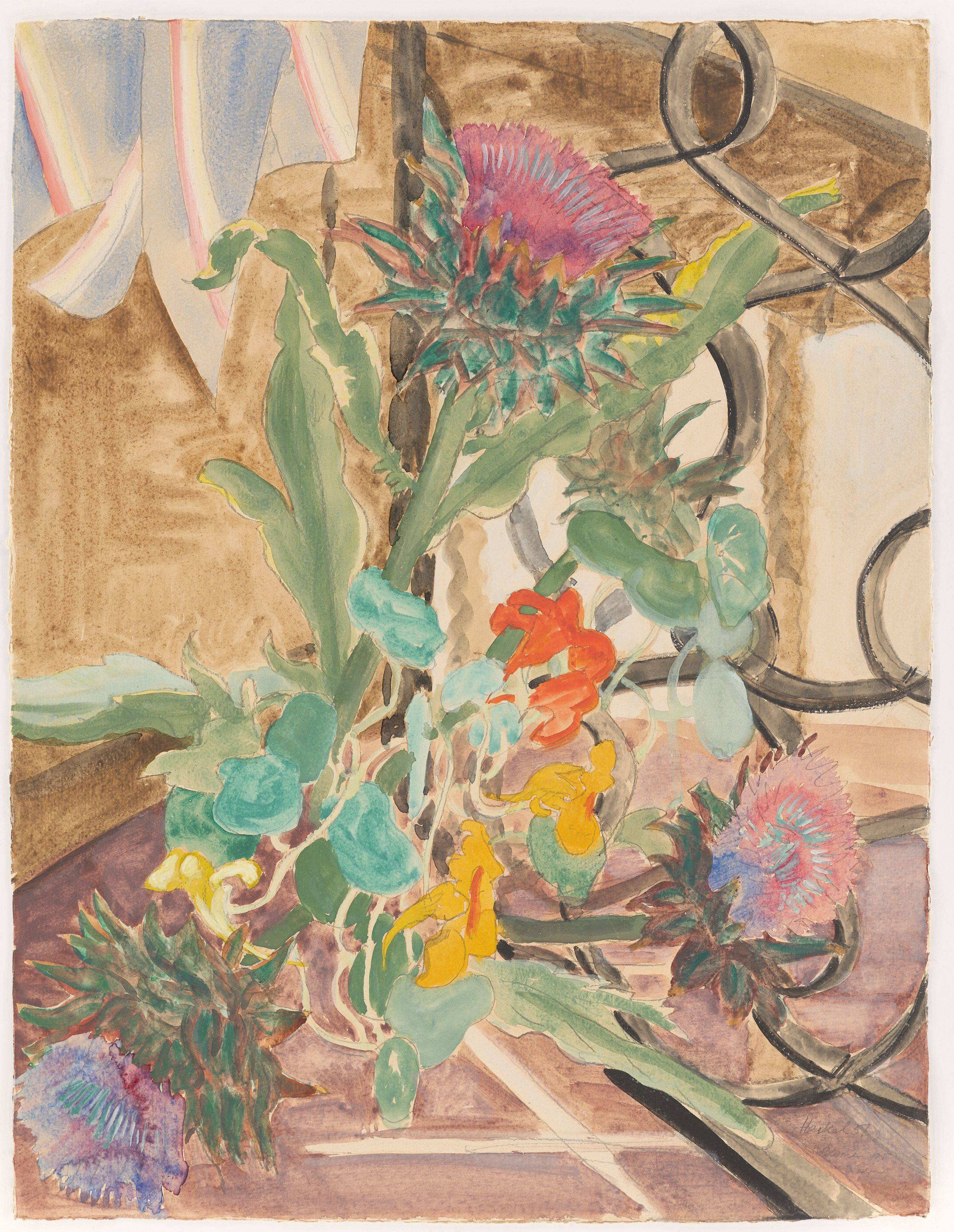 This picture shows the following artwork: Erich Heckel. ”Blumen vor Gitter”. 1951.