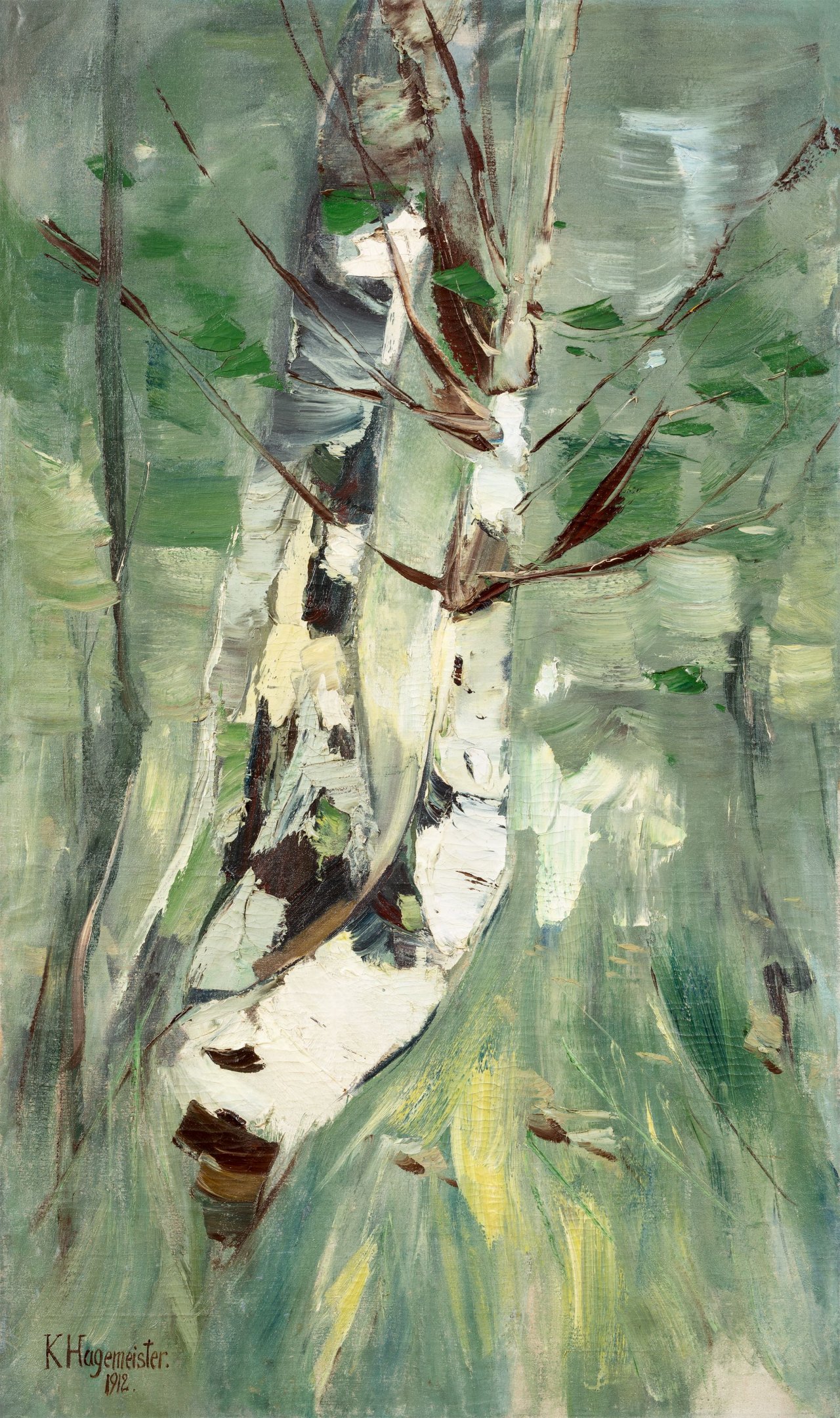 This picture shows the following artwork: Karl Hagemeister. ”Birken am Wasser”. 1912.