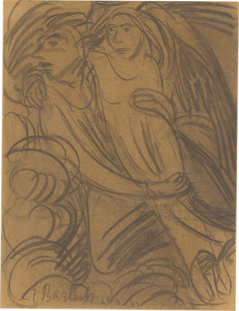 Auf diesem Bild ist das folgende Kunstwerk zu sehen: Ernst Barlach. Schwebender Engel, eine weibliche Gestalt tragend. 1922.