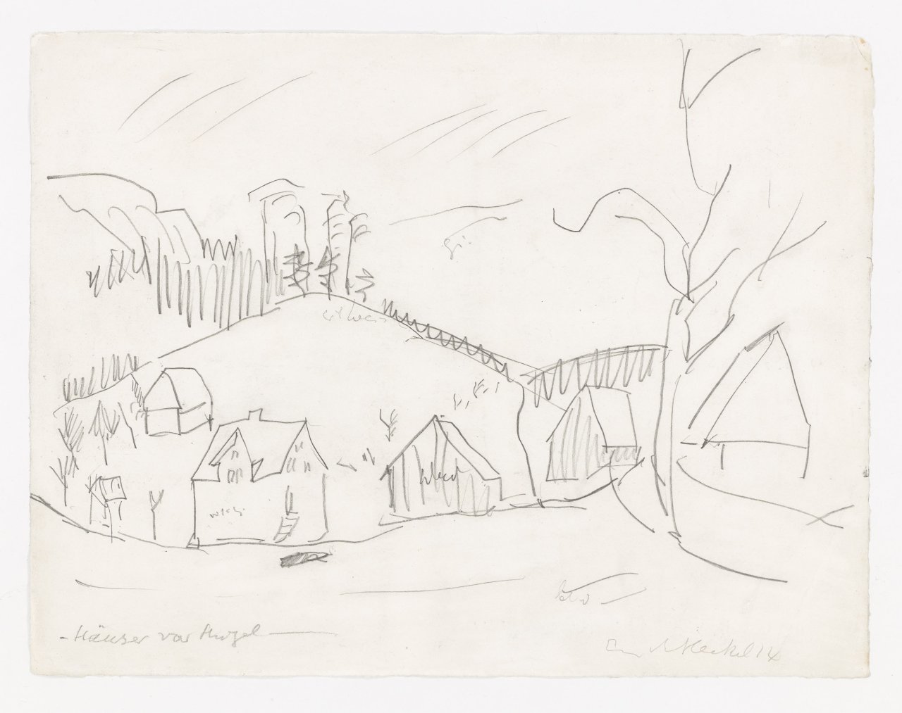 This picture shows the following artwork: Erich Heckel. ”Häuser vor Hügel”. 1914.
