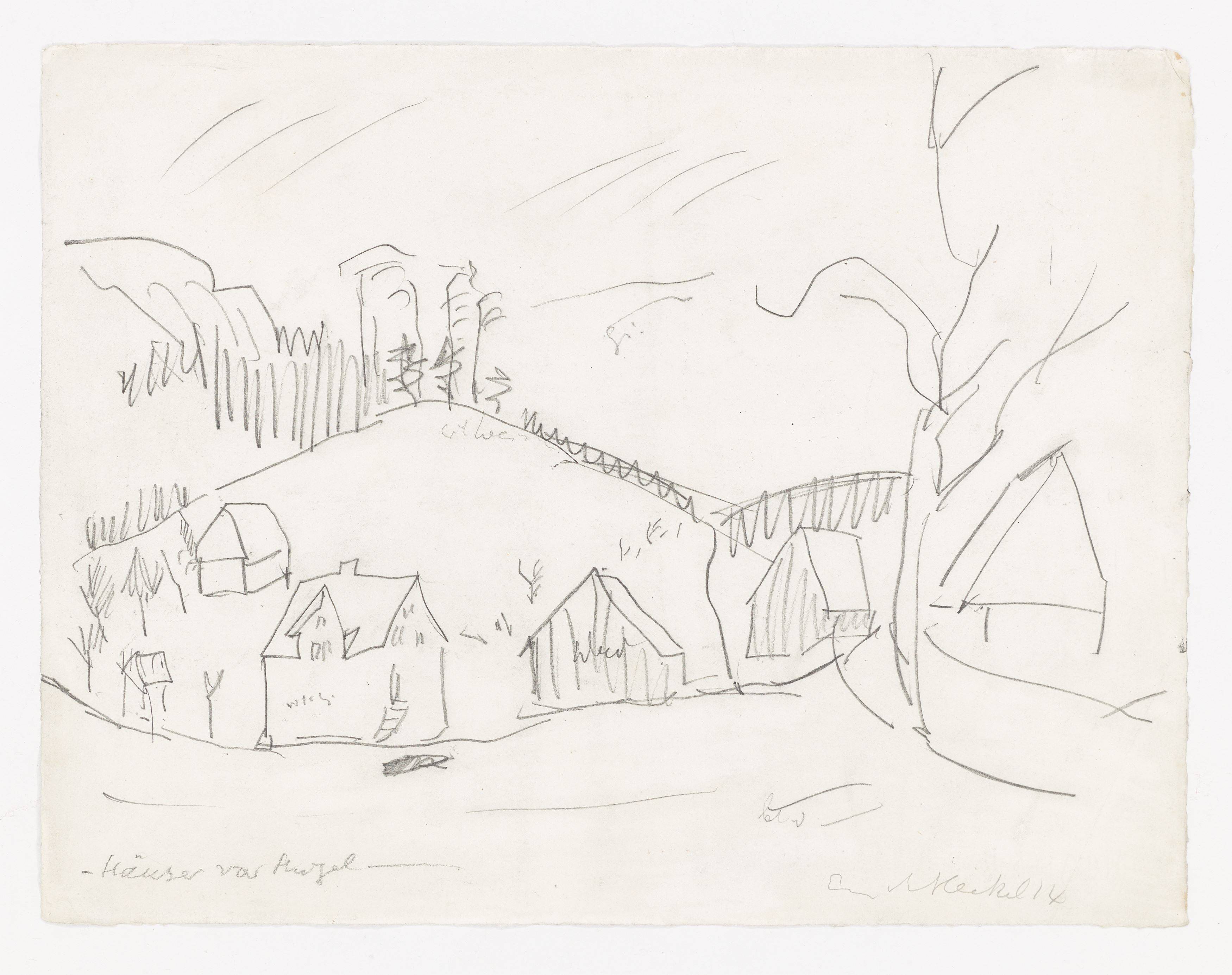 This picture shows the following artwork: Erich Heckel. ”Häuser vor Hügel”. 1914.