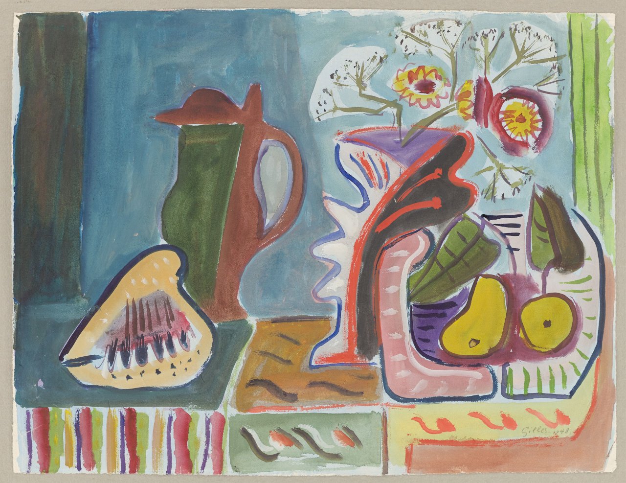 Auf diesem Bild ist das folgende Kunstwerk zu sehen: Werner Gilles. Stilleben mit Blumen, Krug und Muschel. 1948.