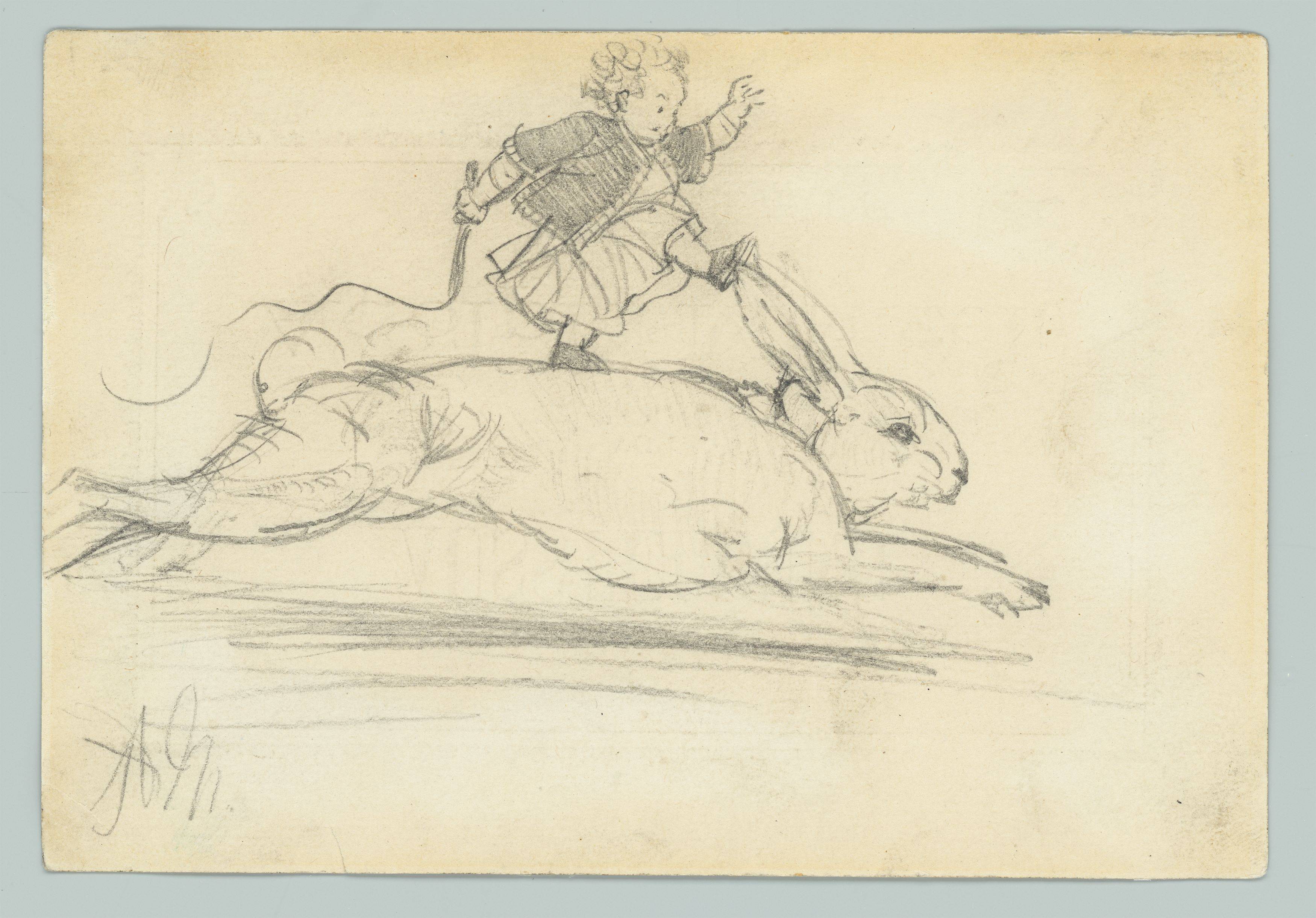 Auf diesem Bild ist das folgende Kunstwerk zu sehen: Adolph Menzel. Hasenjagd (Kärtchen zur Ausstellung von Adolph Menzel). (Vor) 1898.