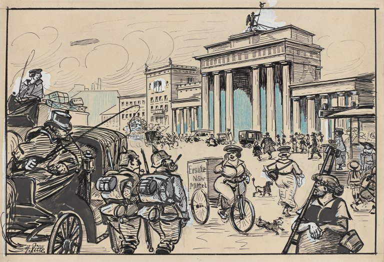 Auf diesem Bild ist das folgende Kunstwerk zu sehen: Heinrich Zille. Am Brandenburger Tor. Um 1917/18.