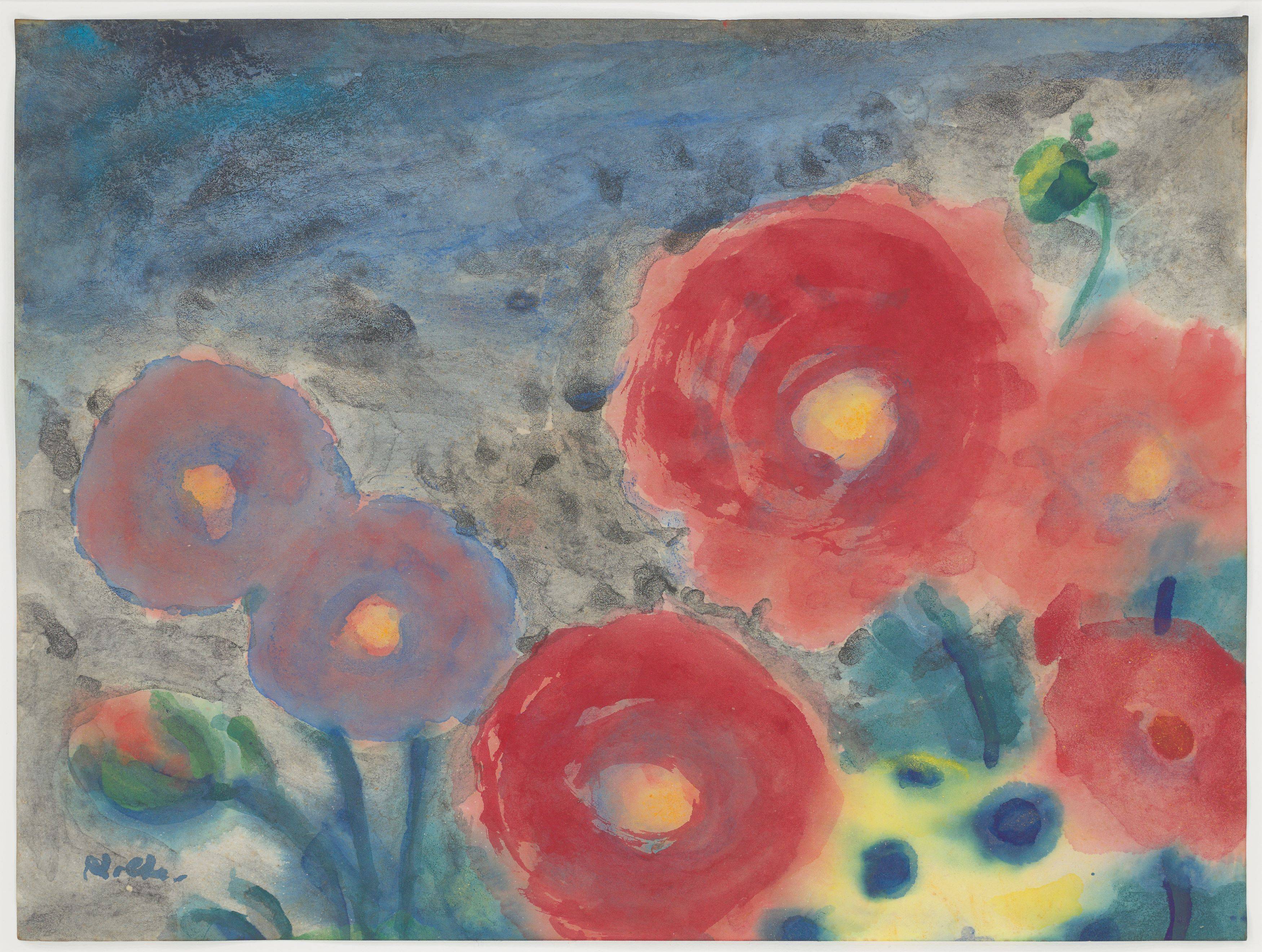 This picture shows the following artwork: Emil Nolde. ”Rote und blaue Blüten”. 1954–56.