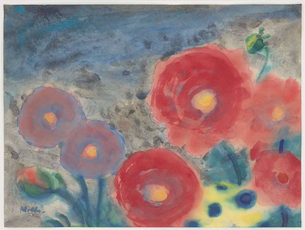 This picture shows the following artwork: Emil Nolde. ”Rote und blaue Blüten”. 1954–56.
