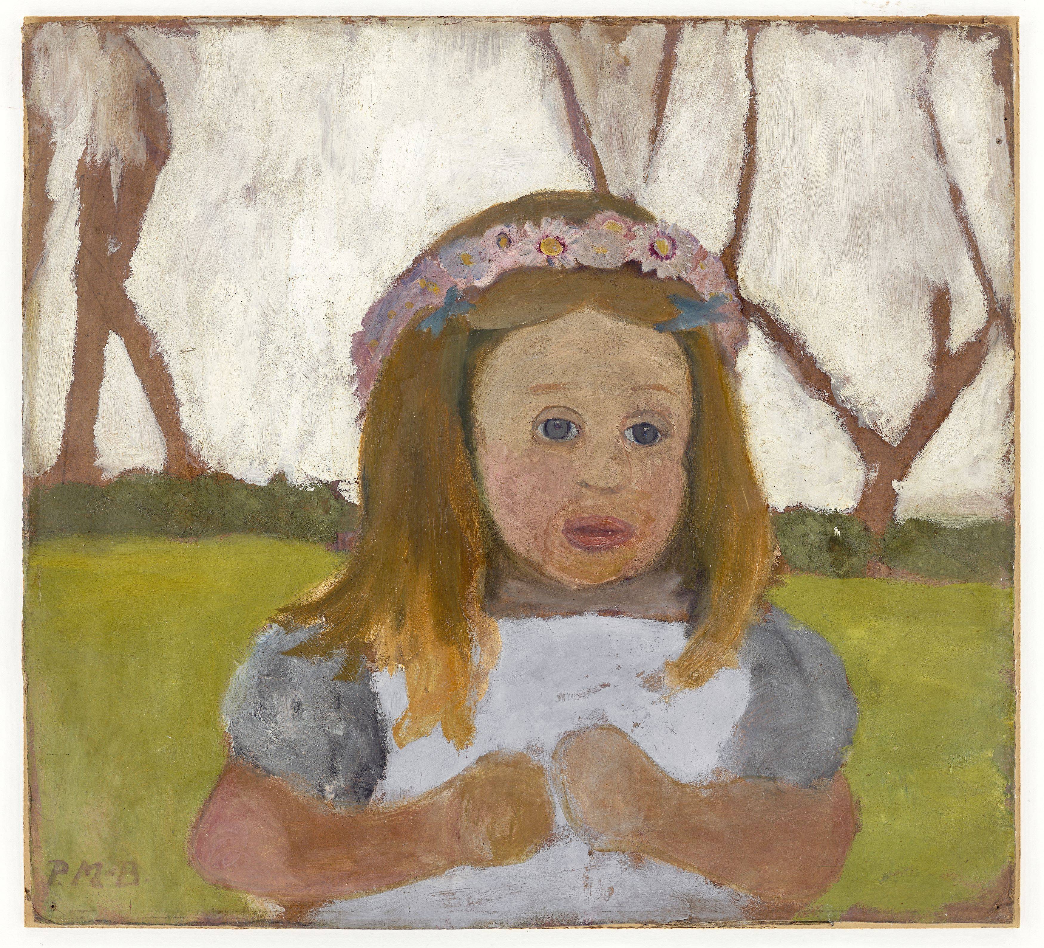 Auf diesem Bild ist das folgende Kunstwerk zu sehen: Paula Modersohn-Becker. „Brustbild Elsbeth mit Margeriten im Haar“. Um 1901.