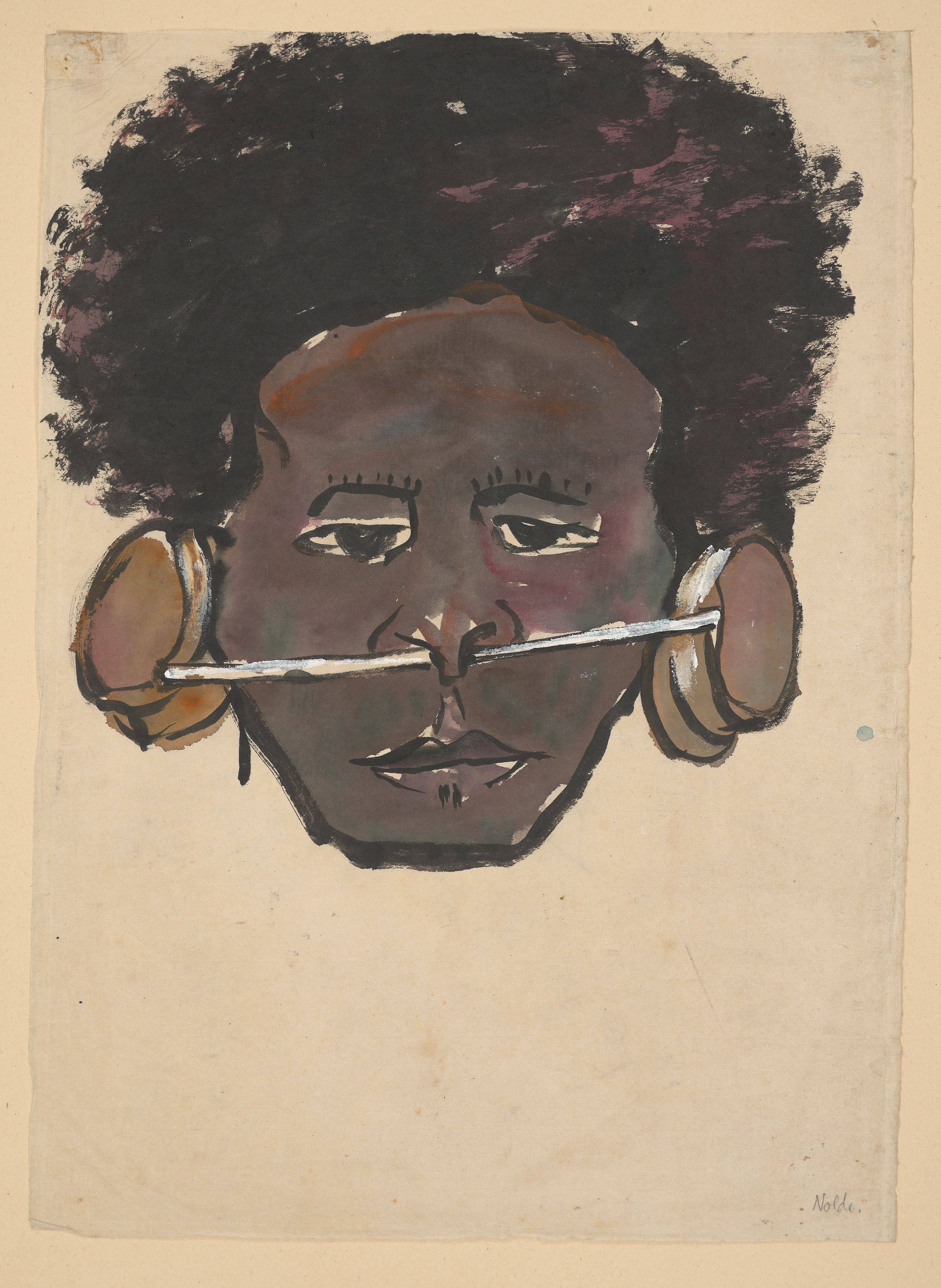 Auf diesem Bild ist das folgende Kunstwerk zu sehen: Emil Nolde. „Junger Mann aus Papua-Neuguinea mit Ohr- und Nasenschmuck“. 1914.