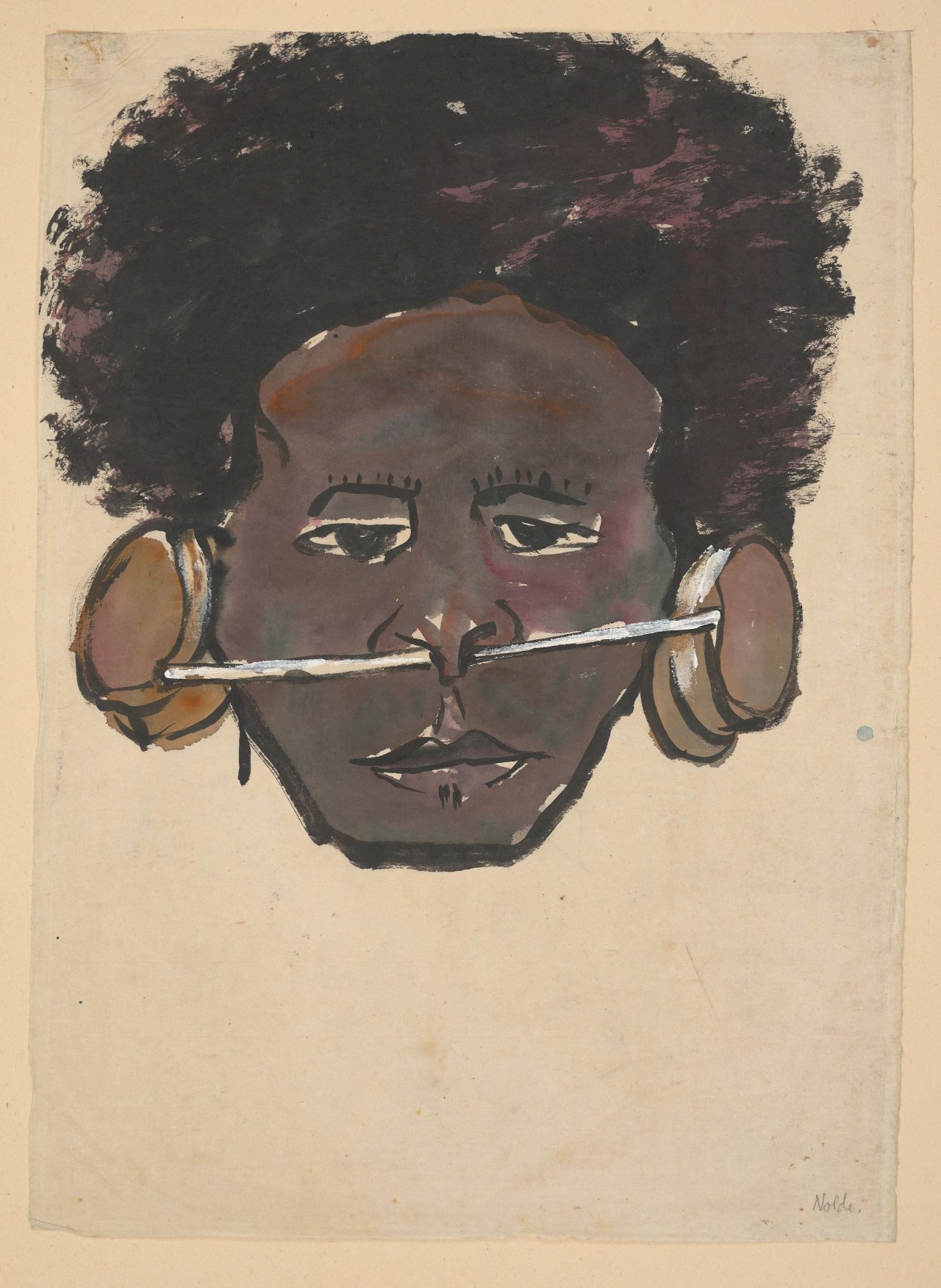 Auf diesem Bild ist das folgende Kunstwerk zu sehen: Emil Nolde. „Junger Mann aus Papua-Neuguinea mit Ohr- und Nasenschmuck“. 1914.