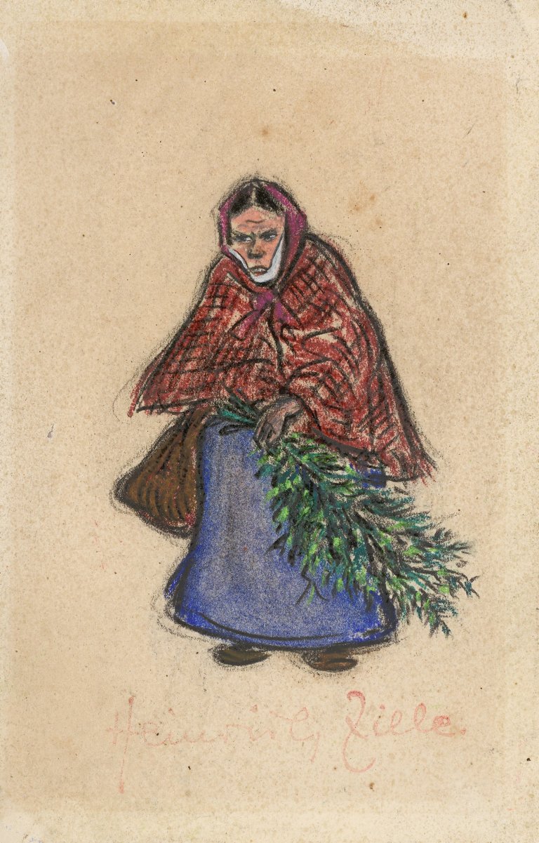 Auf diesem Bild ist das folgende Kunstwerk zu sehen: Heinrich Zille. „Alte Frau mit Tannenzweigen“. Um 1915.