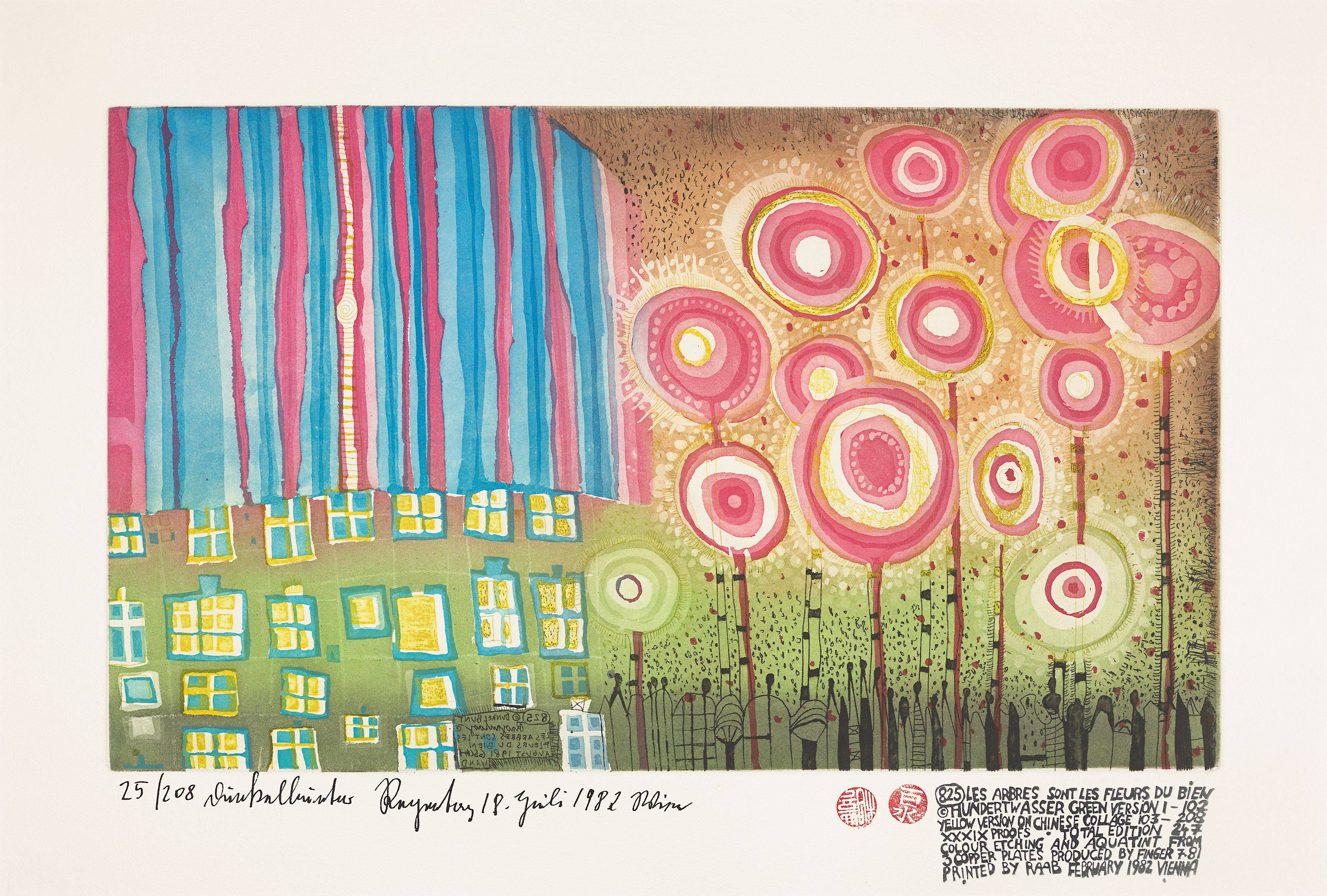 This picture shows the following artwork: Friedensreich Hundertwasser. ”The Trees Are the Flowers of the Good”. 1982.