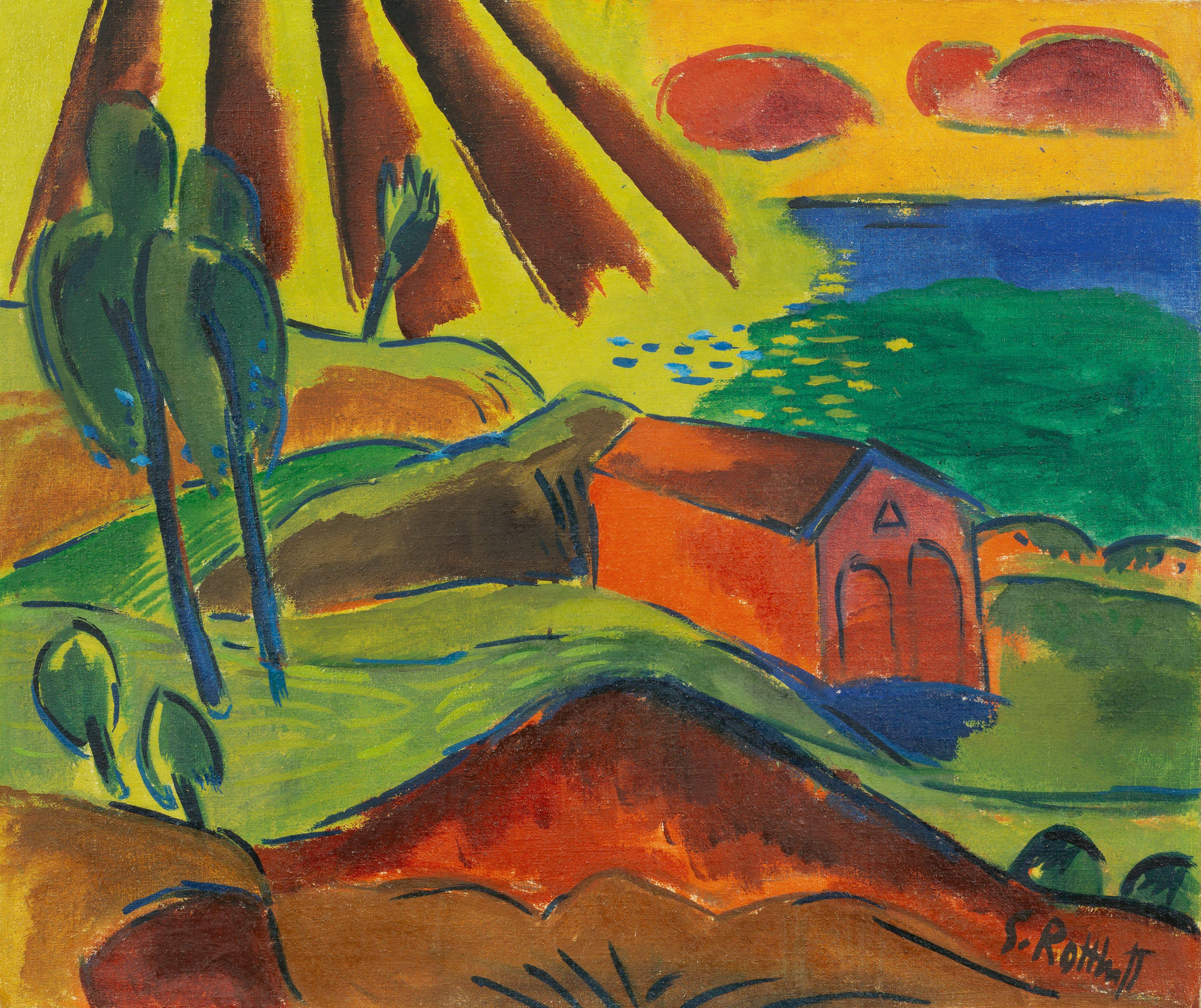 This picture shows the following artwork: Karl Schmidt-Rottluff. ”Bootshaus in Jershöft (Rettungshaus am Strand)”. 1920.