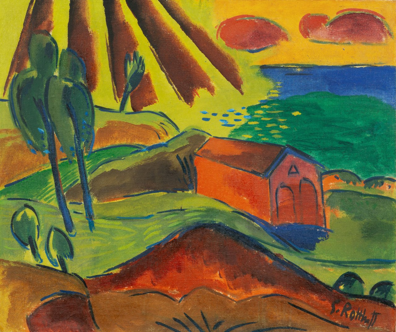 This picture shows the following artwork: Karl Schmidt-Rottluff. ”Bootshaus in Jershöft (Rettungshaus am Strand)”. 1920.