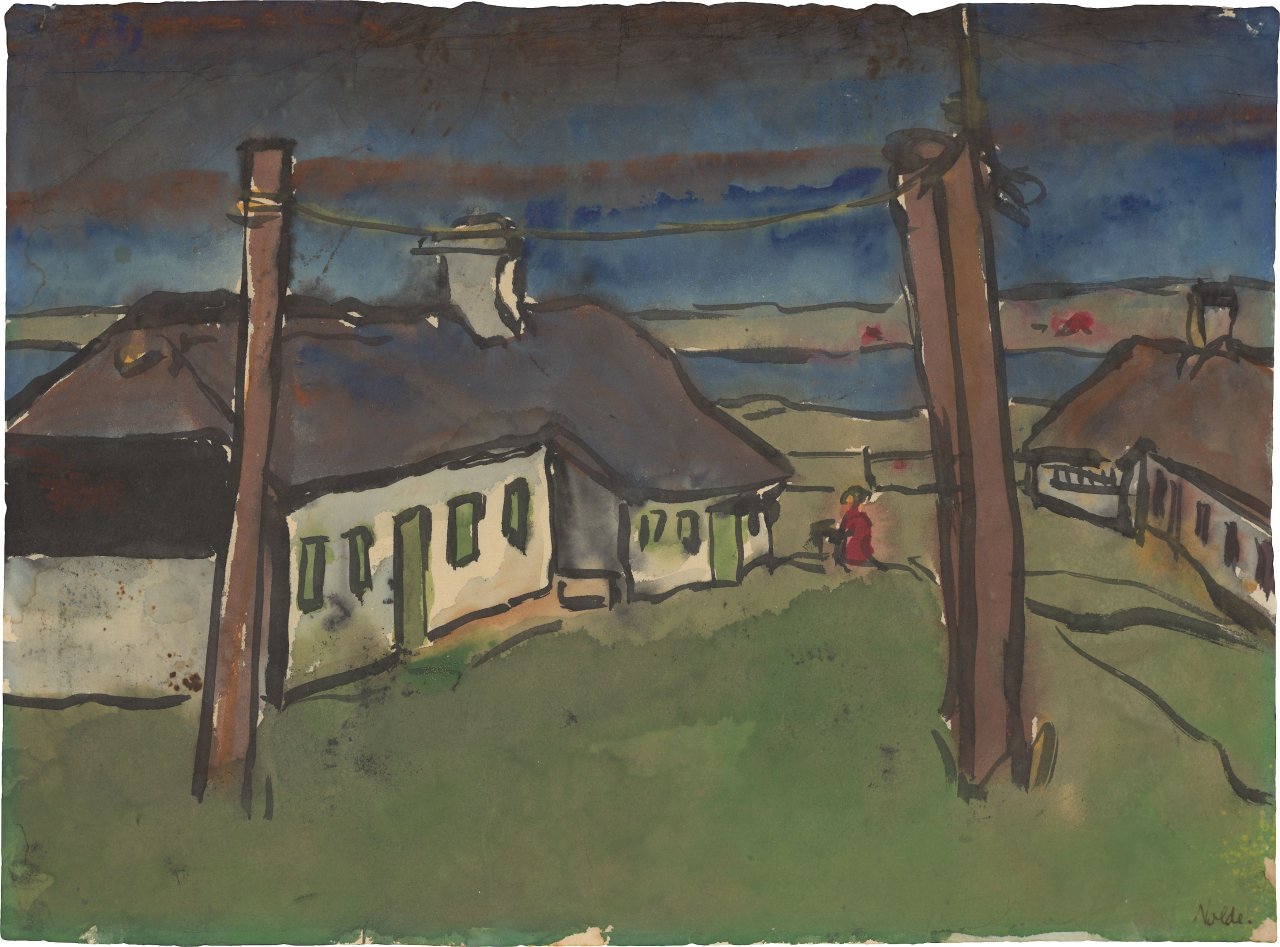 Auf diesem Bild ist das folgende Kunstwerk zu sehen: Emil Nolde. „Friesische Bauernhäuser und Wäschestangen“. 1920er-Jahre.