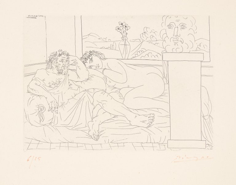 This picture shows the following artwork: Pablo Picasso. ”Vieux sculpteur grec avec modèle, vase aux trois anémones et autoportrait sculpté”. 1933.