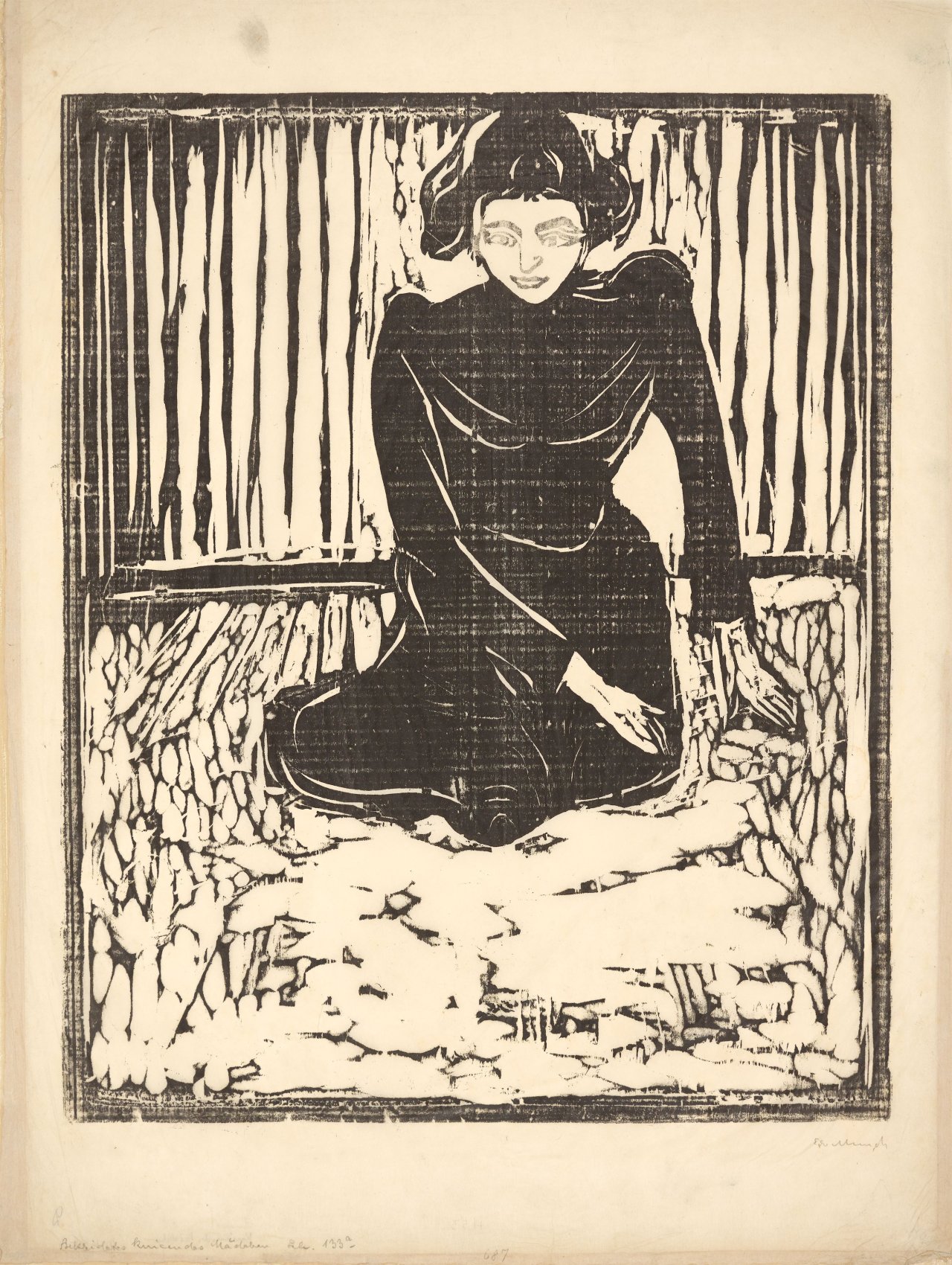 Auf diesem Bild ist das folgende Kunstwerk zu sehen: Edvard Munch. „Frau, auf dem Boden sitzend“. 1899.