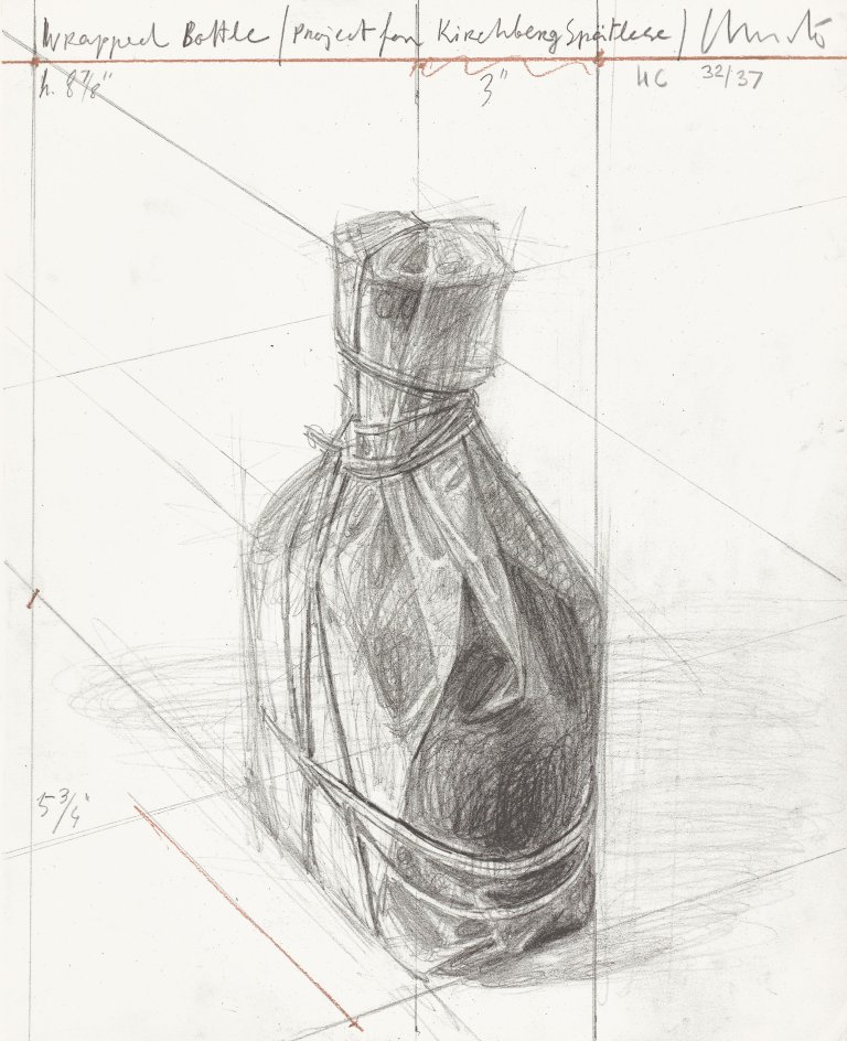 This picture shows the following artwork:  Christo and Jeanne-Claude. ”Wrapped Bottle”. 2002.