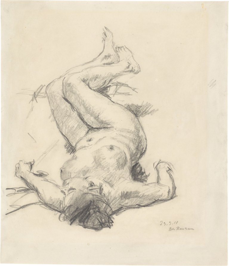 Auf diesem Bild ist das folgende Kunstwerk zu sehen: Max Beckmann. „Studie zur Amazonenschlacht – auf dem Rücken liegender weiblicher Akt, nach links“. 1911.