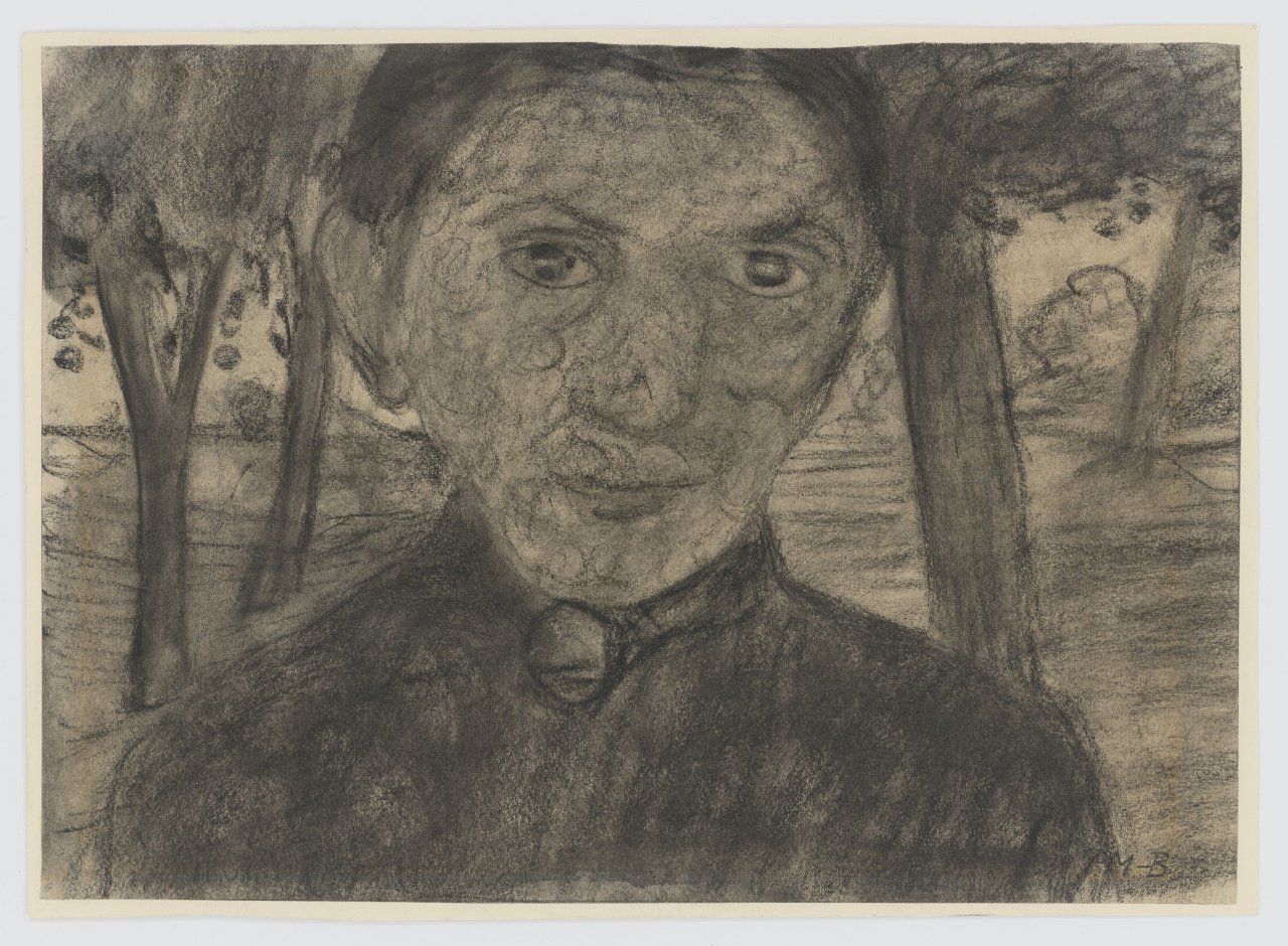 Auf diesem Bild ist das folgende Kunstwerk zu sehen: Paula Modersohn-Becker. „Selbstbildnis mit Landschaft vor Bäumen“. 1903.