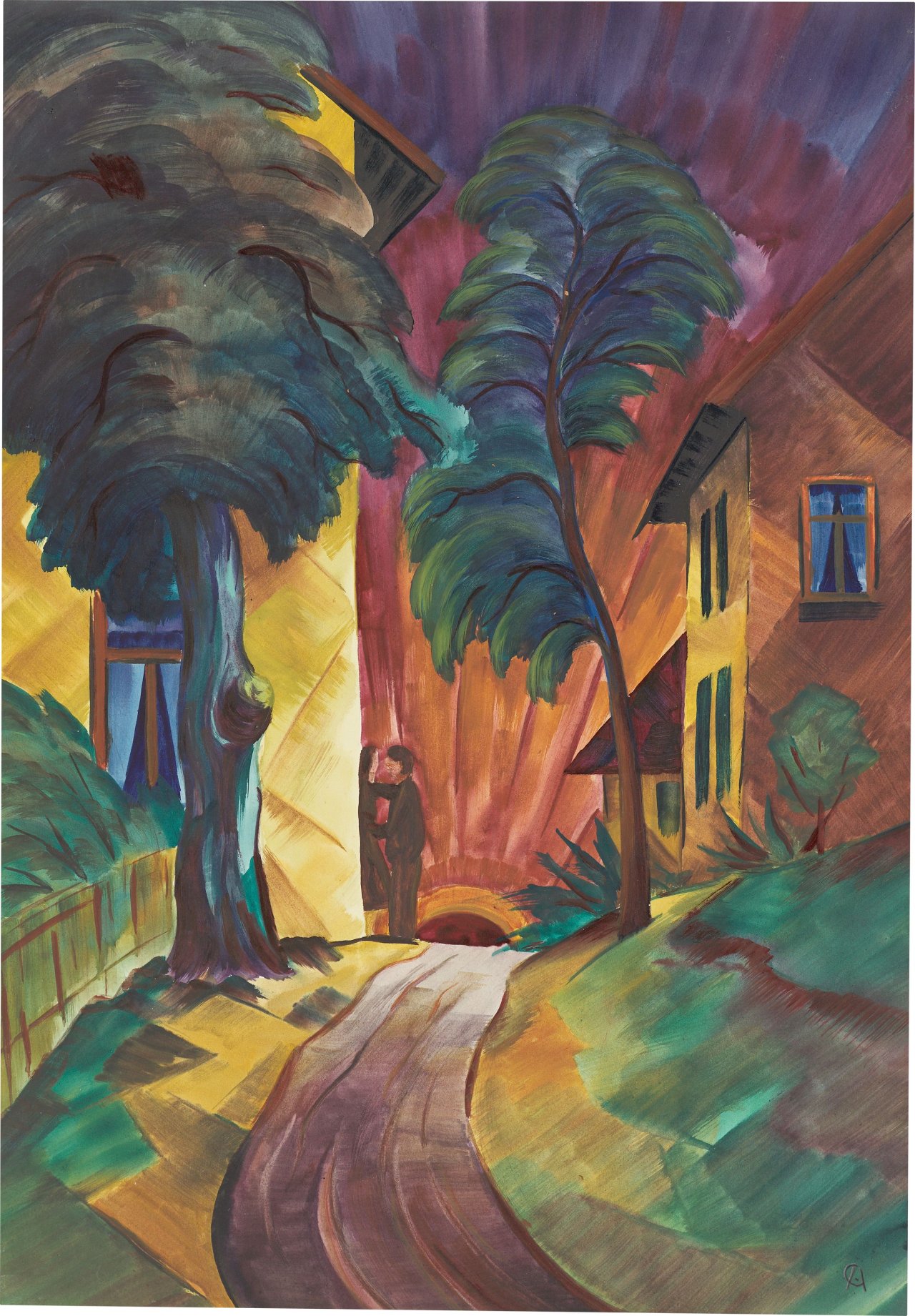 This picture shows the following artwork: Christian Arnold. ”Liebespaar (Weg zwischen Bäumen und Häusern)”. 1922/23.