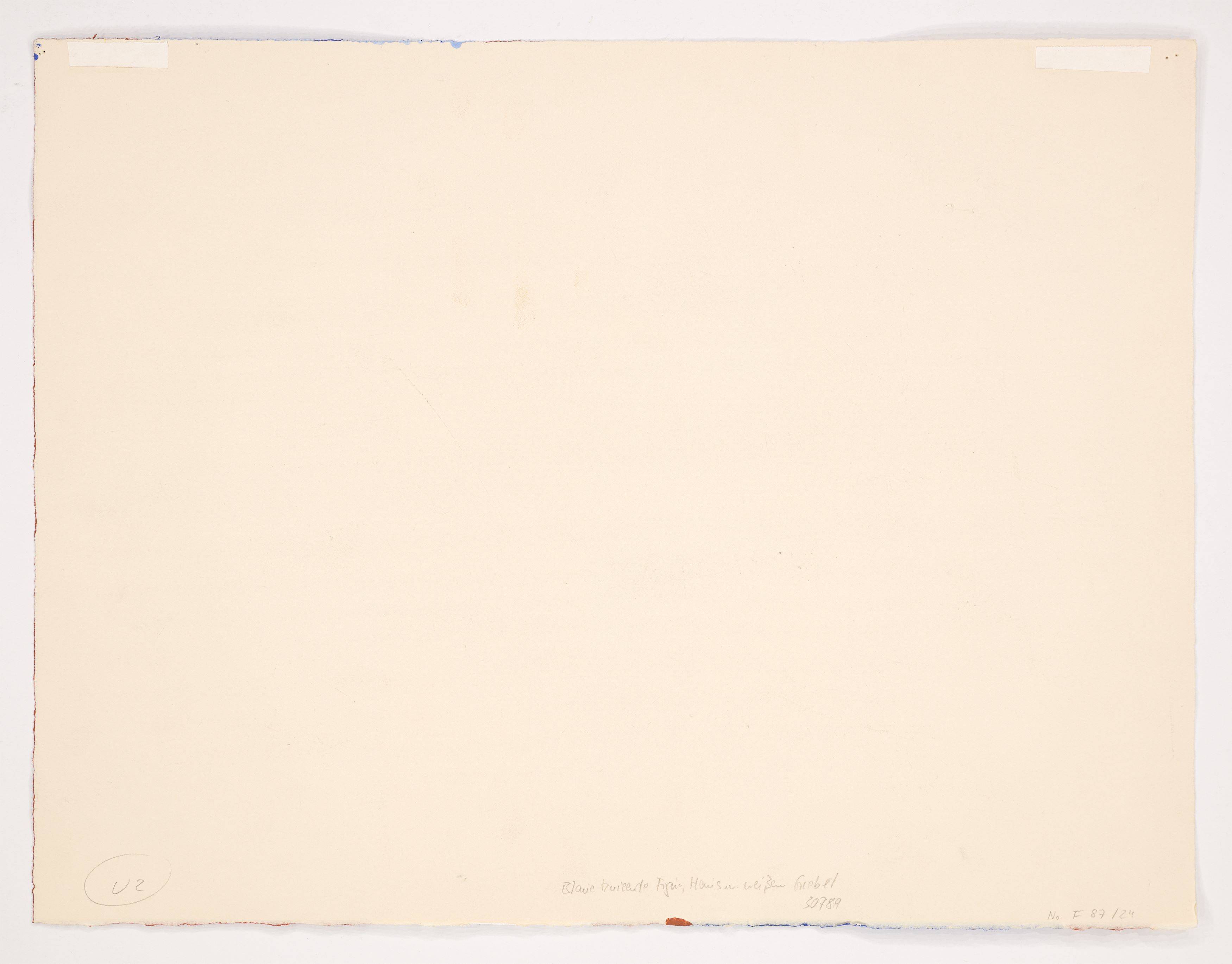 Auf diesem Bild ist das folgende Kunstwerk zu sehen: Horst Antes. Blaue, knieende Figur, Haus mit weißem Giebel. 1987.