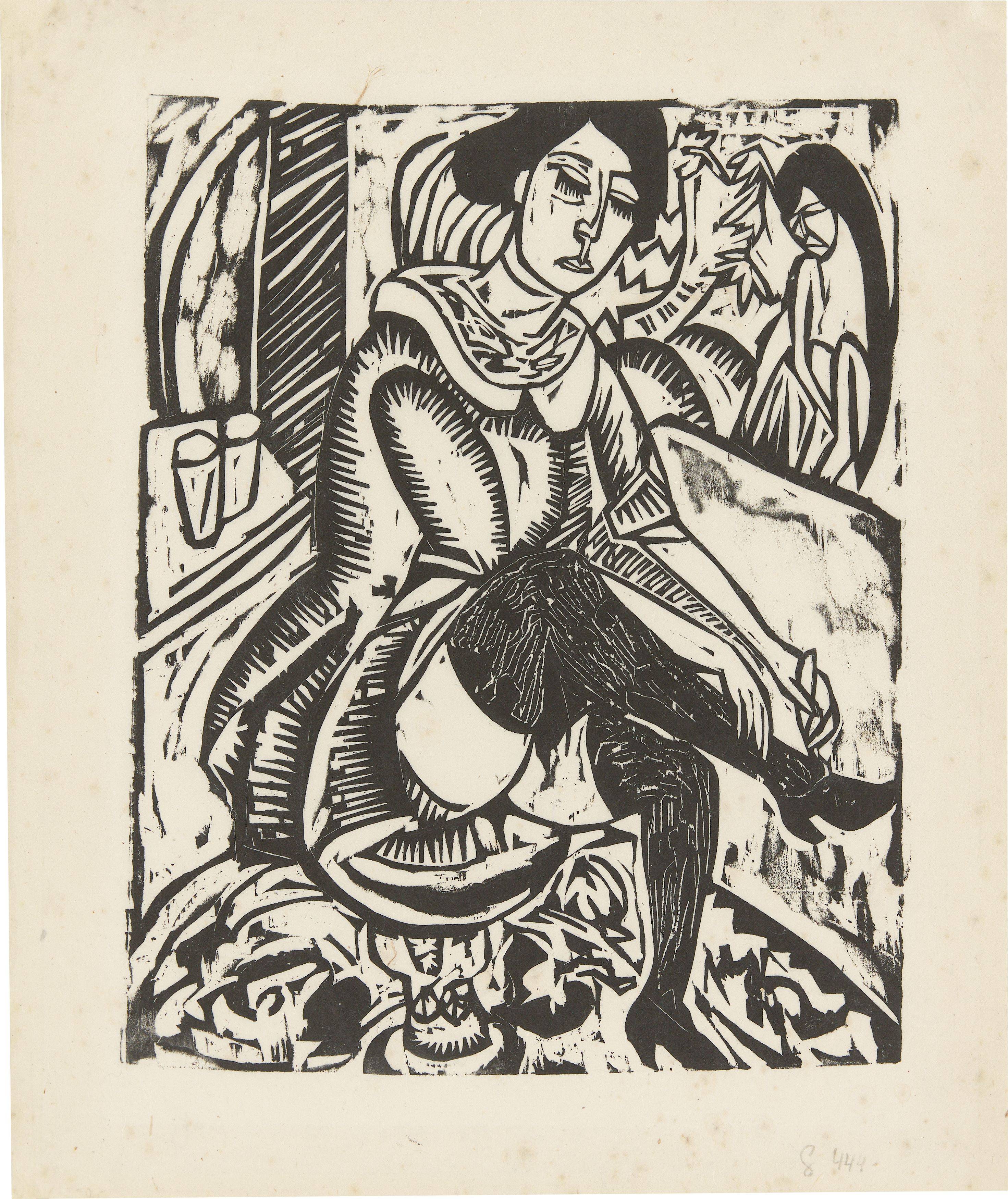 This picture shows the following artwork: Ernst Ludwig Kirchner. ”Frau, Schuh zuknöpfend”. 1912/13.