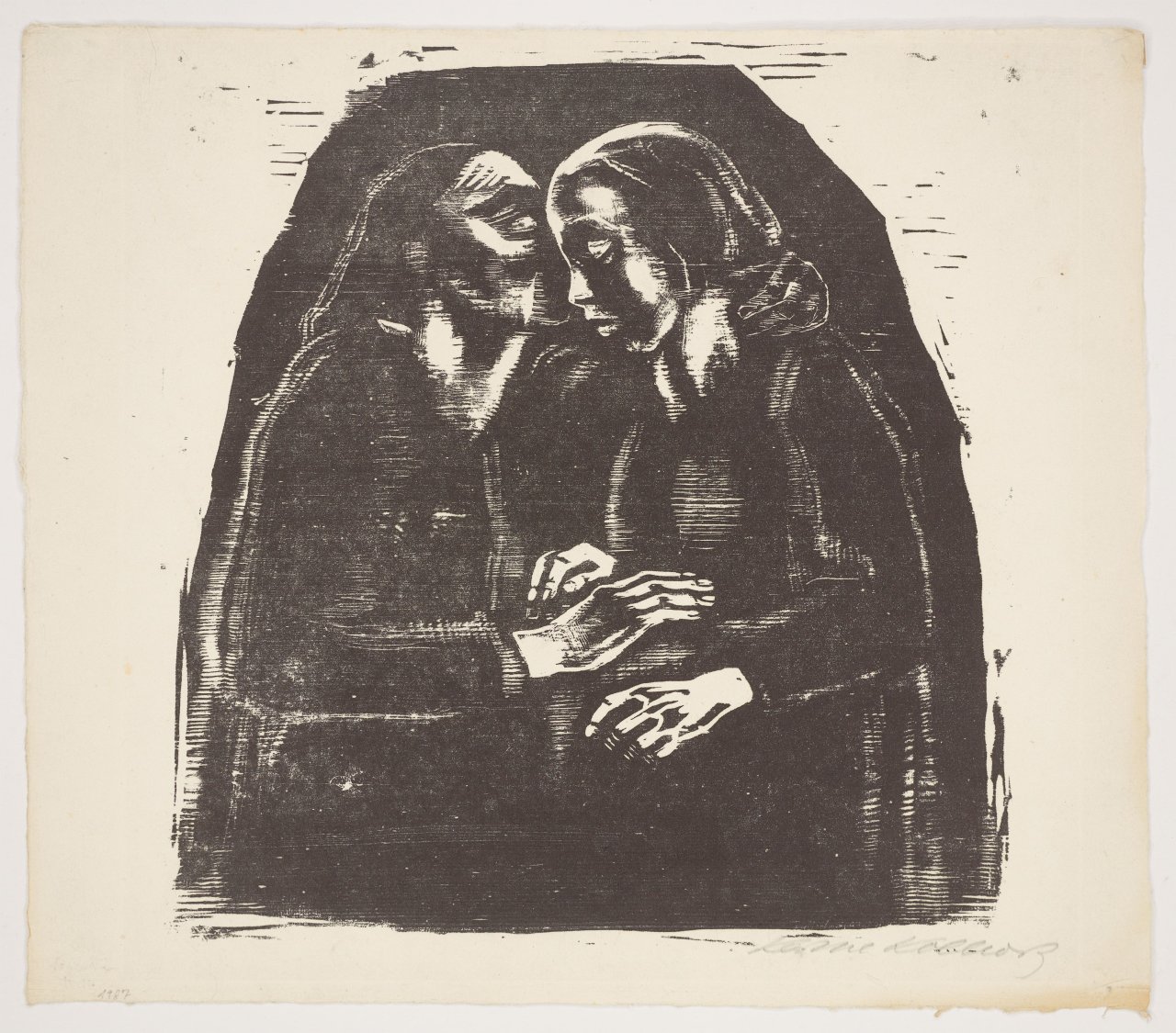Auf diesem Bild ist das folgende Kunstwerk zu sehen: Käthe Kollwitz. „Maria und Elisabeth (Endgültige dritte Fassung)“. 1929/30.