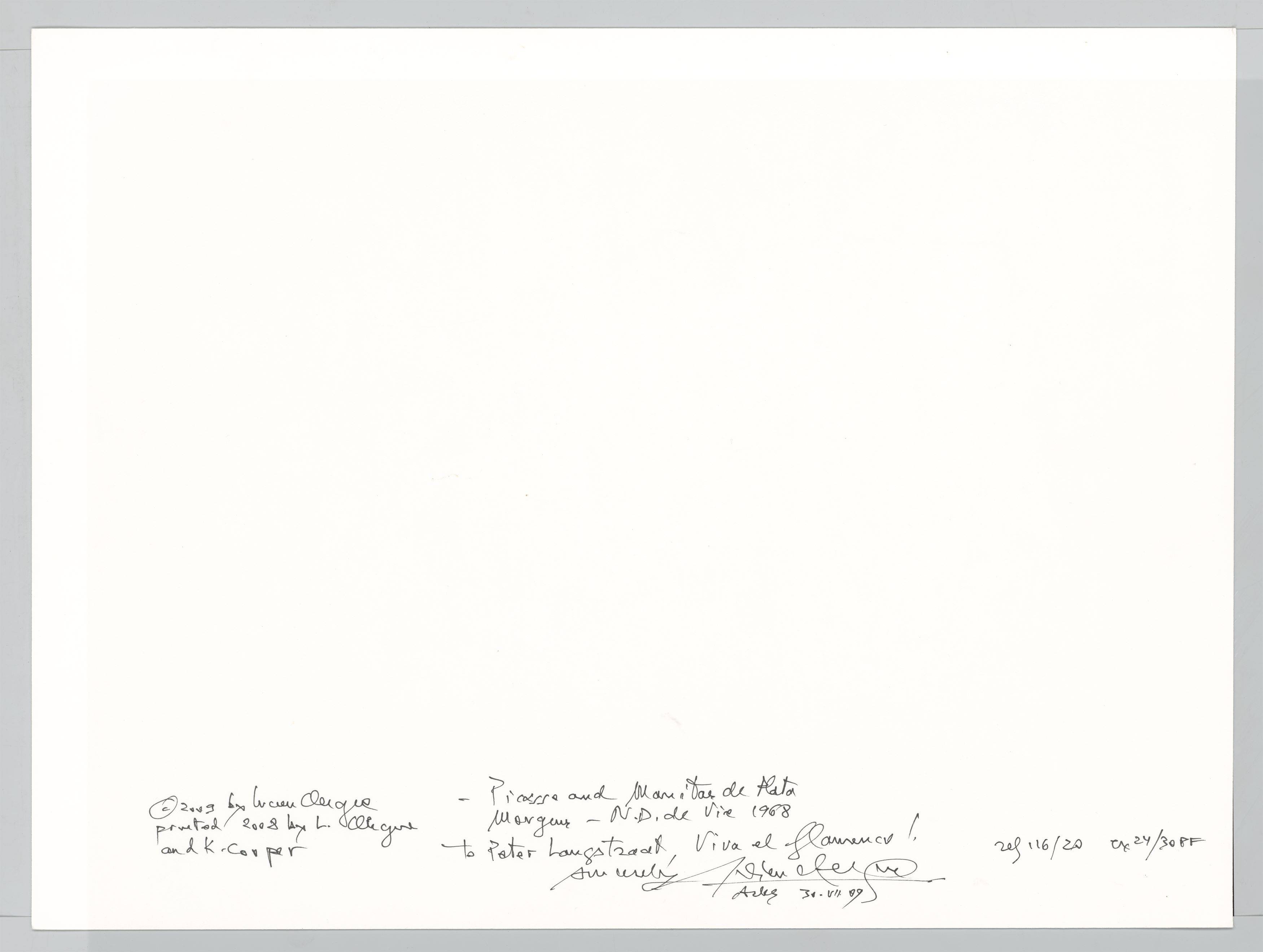 This picture shows the following artwork: Lucien Clergue. ”Picasso and Manitas de Plata, Mougins, N.[otre] D.[ame] de Vie”. 1968.