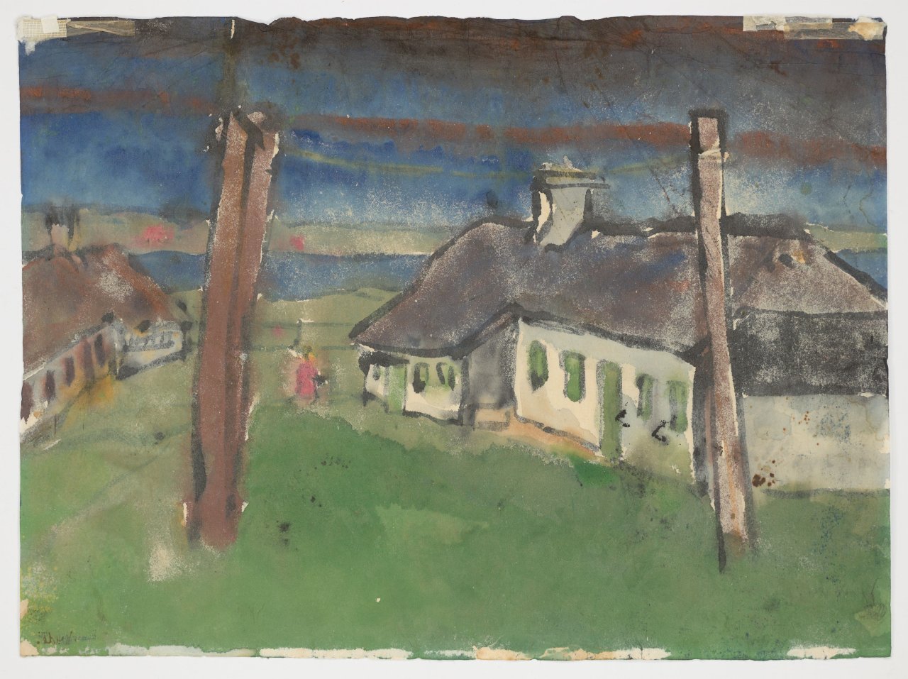 Auf diesem Bild ist das folgende Kunstwerk zu sehen: Emil Nolde. „Friesische Bauernhäuser und Wäschestangen“. 1920er-Jahre.