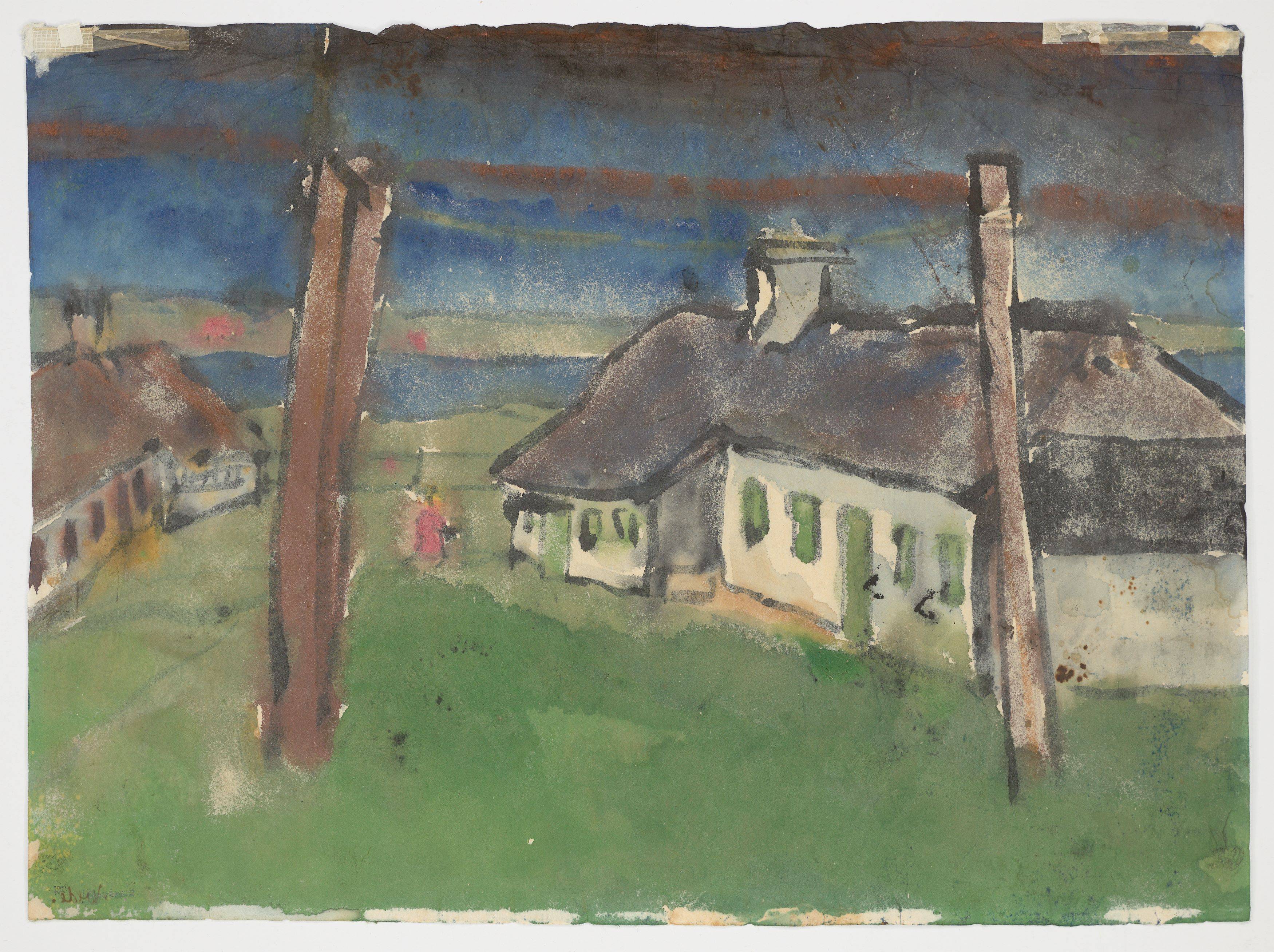 Auf diesem Bild ist das folgende Kunstwerk zu sehen: Emil Nolde. „Friesische Bauernhäuser und Wäschestangen“. 1920er-Jahre.