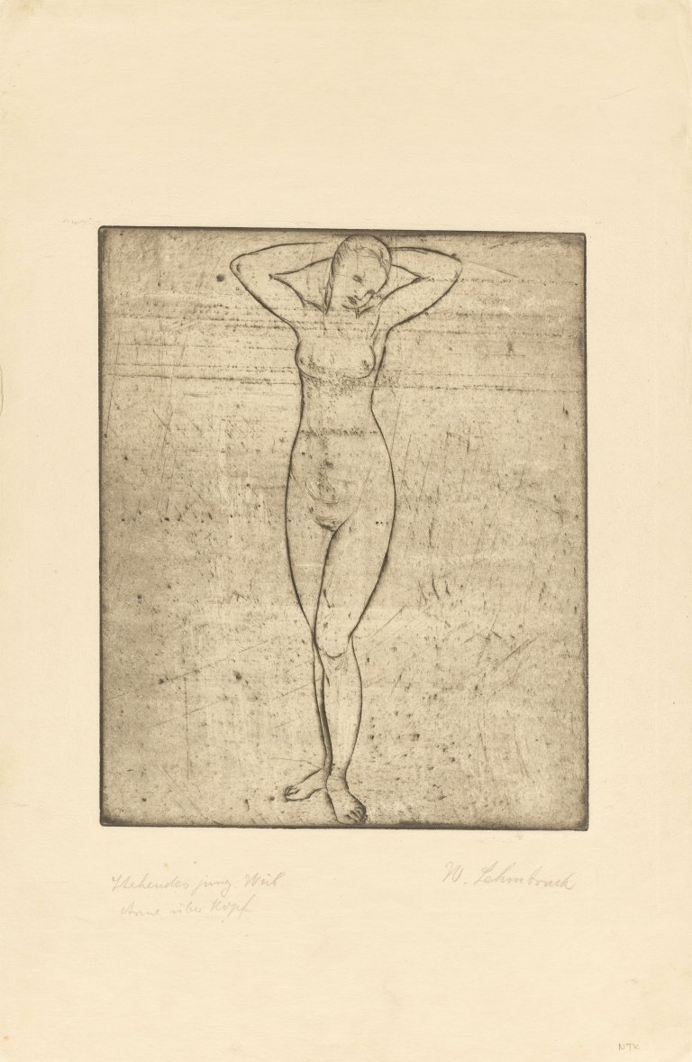 Auf diesem Bild ist das folgende Kunstwerk zu sehen: Wilhelm Lehmbruck. „Stehendes junges Weib mit über dem Kopf verschränkten Armen“. 1912.