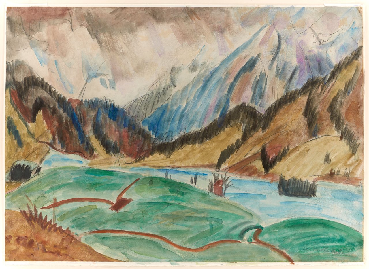 Auf diesem Bild ist das folgende Kunstwerk zu sehen: Erich Heckel. Flusslandschaft. Um 1921.