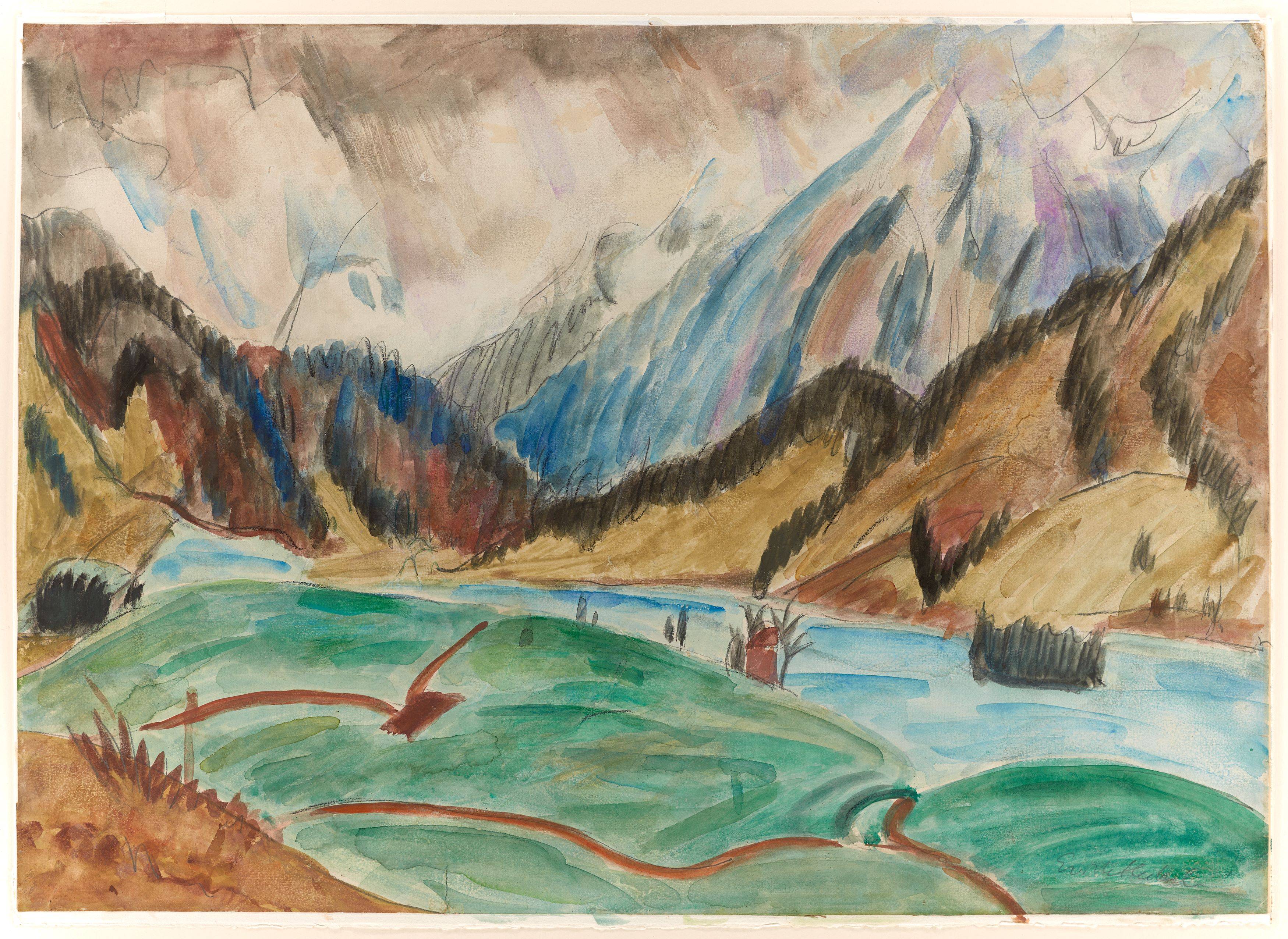 Auf diesem Bild ist das folgende Kunstwerk zu sehen: Erich Heckel. Flusslandschaft. Um 1921.
