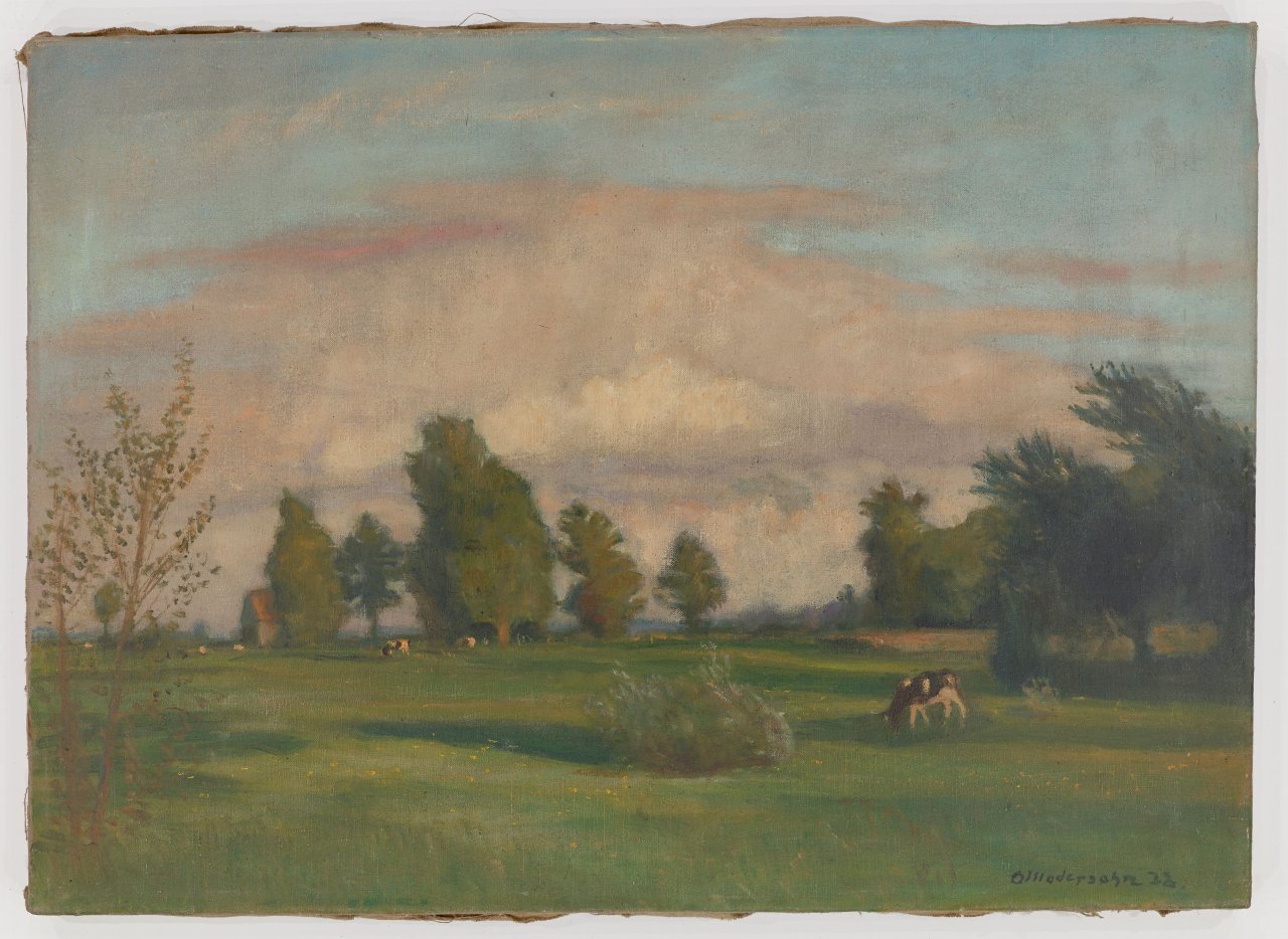 Auf diesem Bild ist das folgende Kunstwerk zu sehen: Otto Modersohn. „Abendwiesen bei Fischerhude“. 1938.
