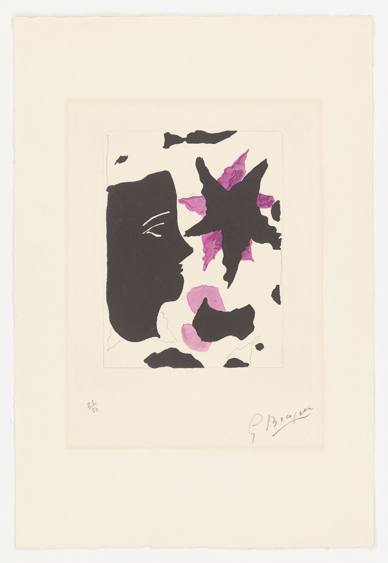 Auf diesem Bild ist das folgende Kunstwerk zu sehen: Georges Braque. „Tête en profil et l’étoile (mauve)“. 1960.